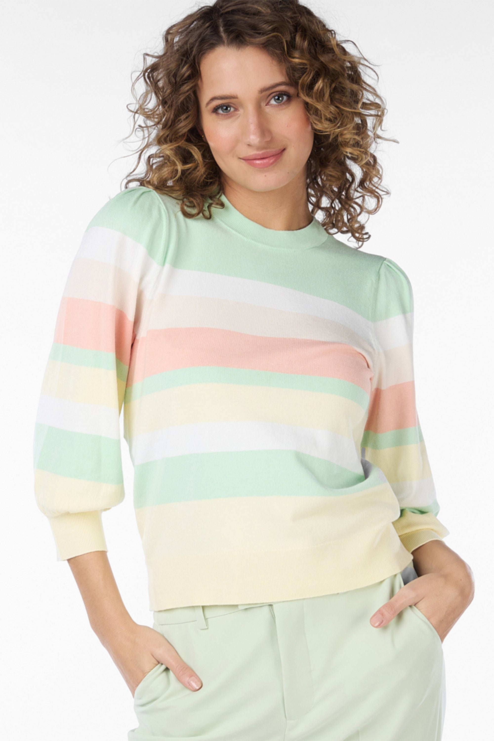 Front view of Esqualo (SP2407024) Women's 3/4 Sleeve Pastel Striped Sweater in pastel green, yellow & pink