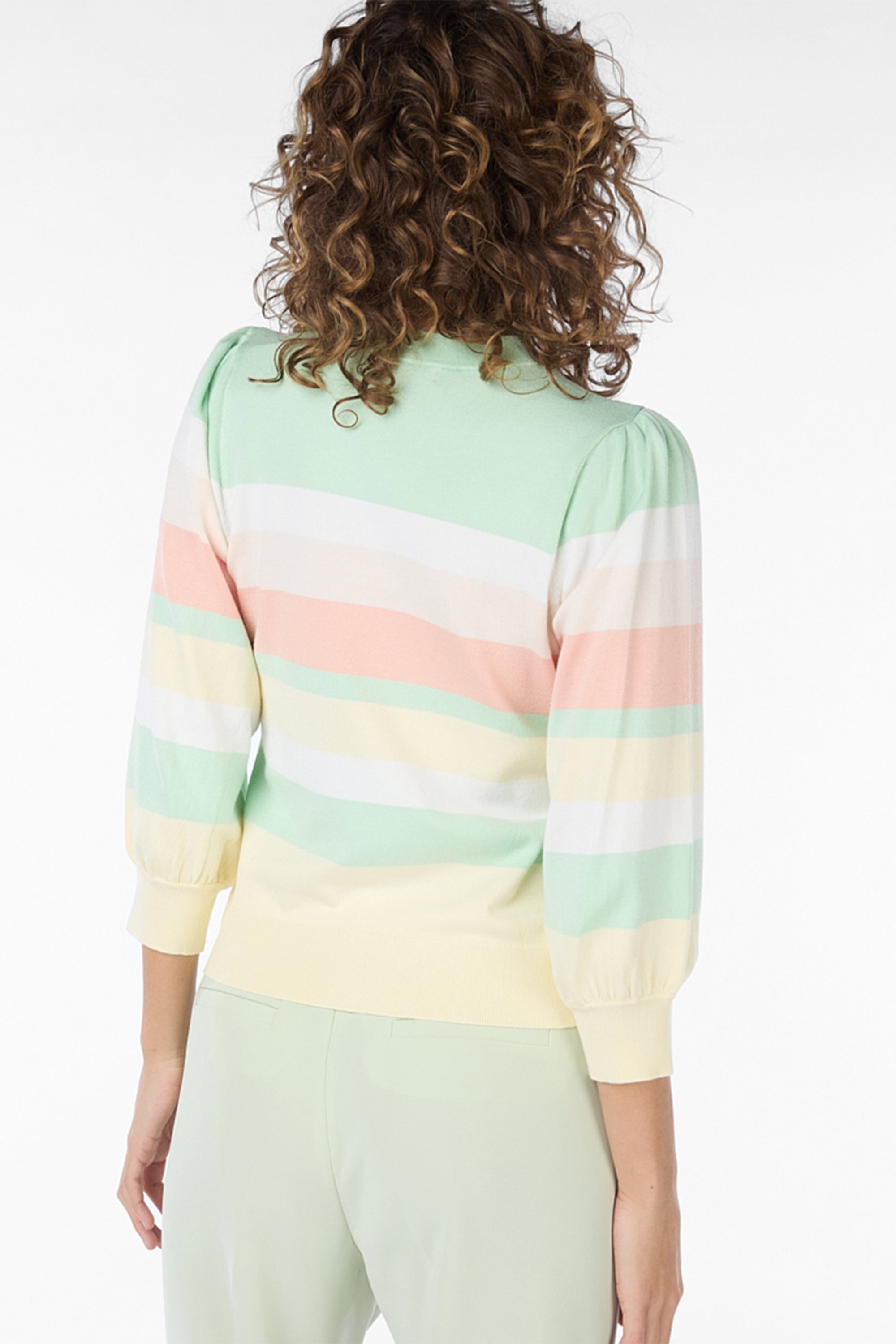 Back view of Esqualo (SP2407024) Women's 3/4 Sleeve Pastel Striped Sweater in pastel green, yellow & pink