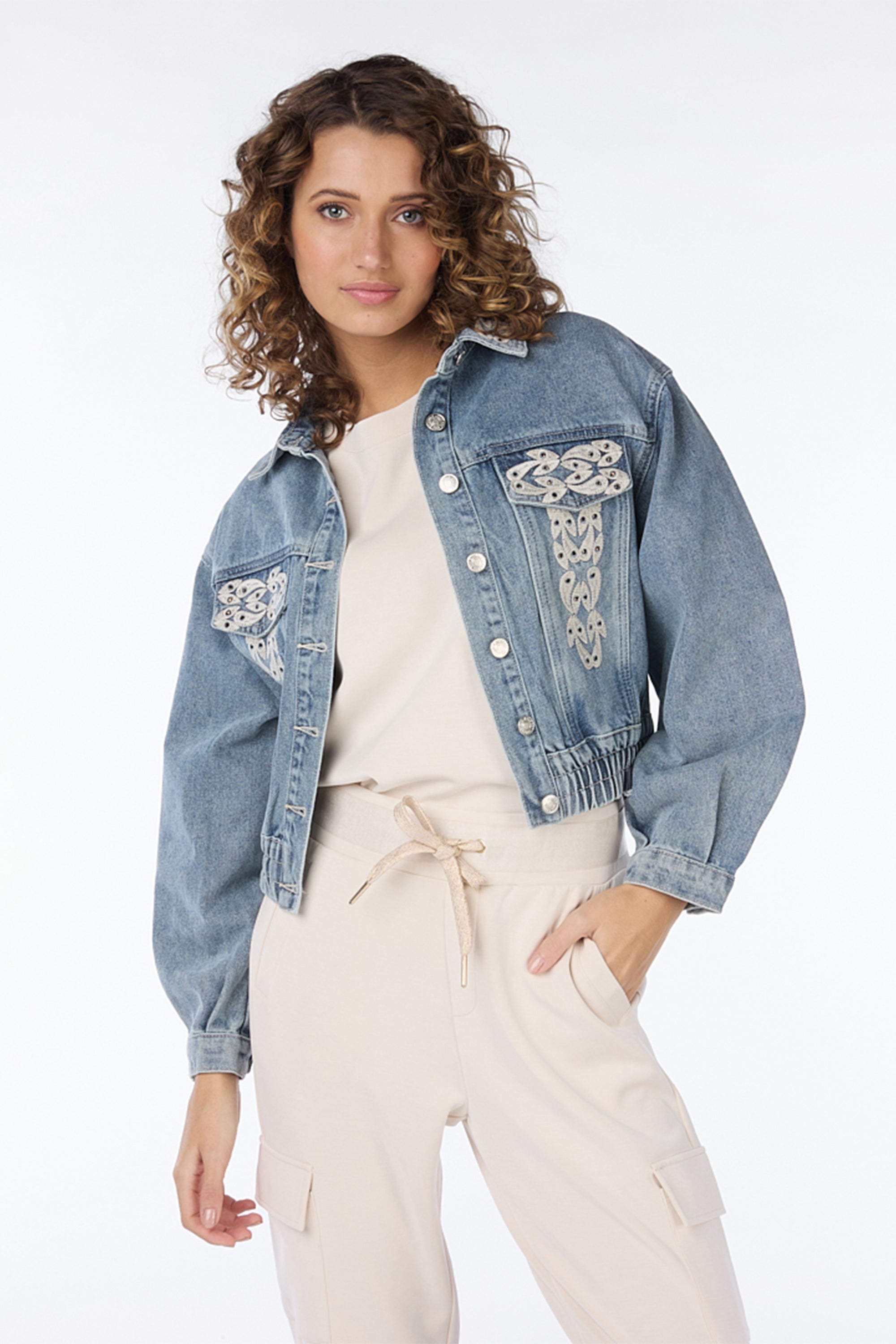Esqualo (SP2412002) Women's Long Sleeve Cropped Blue Jean Jacket With Embroidery & Rhinestones on Collar and Front Panels