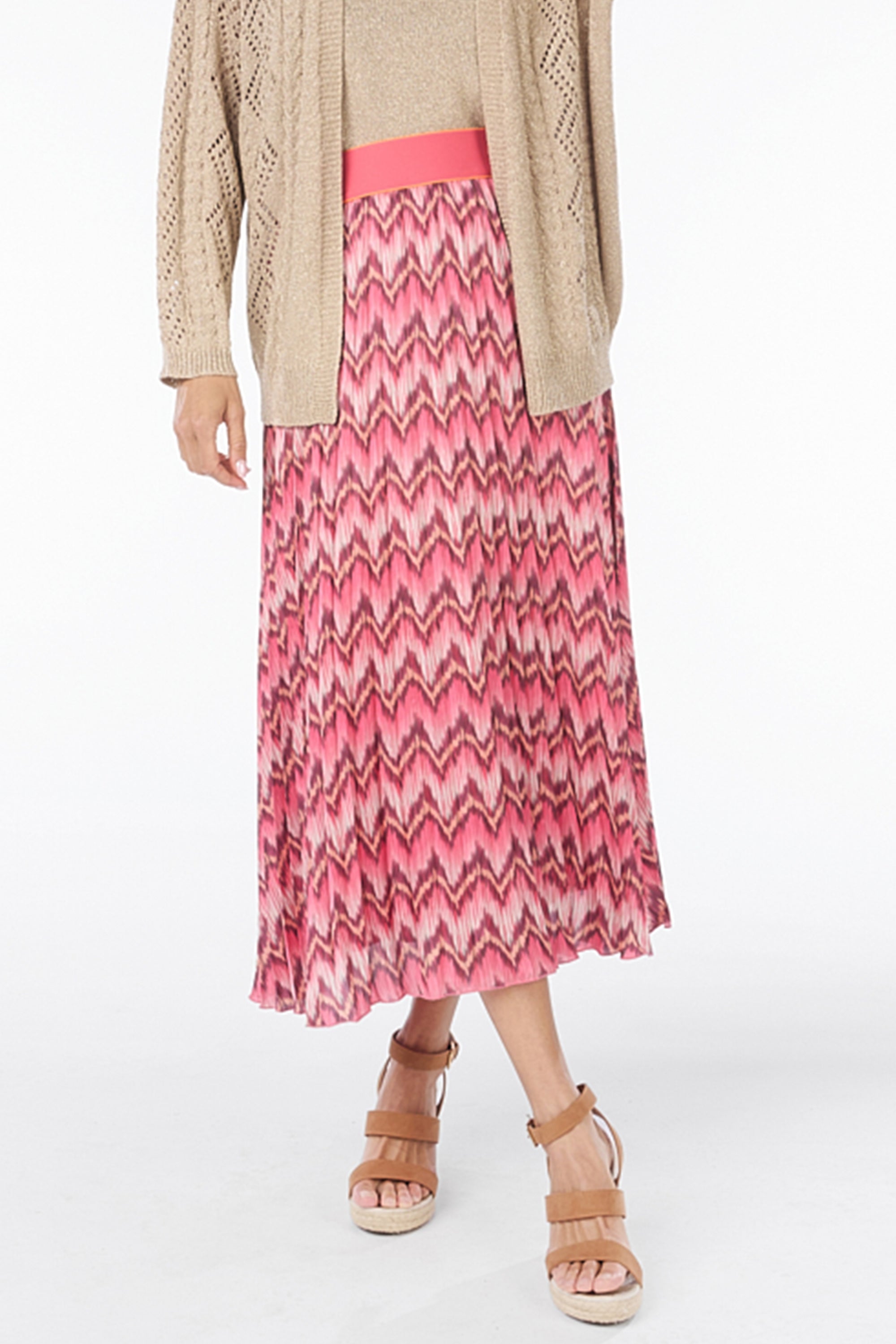 Front of Esqualo (SP2414006) Pink ZigZag Stripe Print, Pleated Midi Skirt