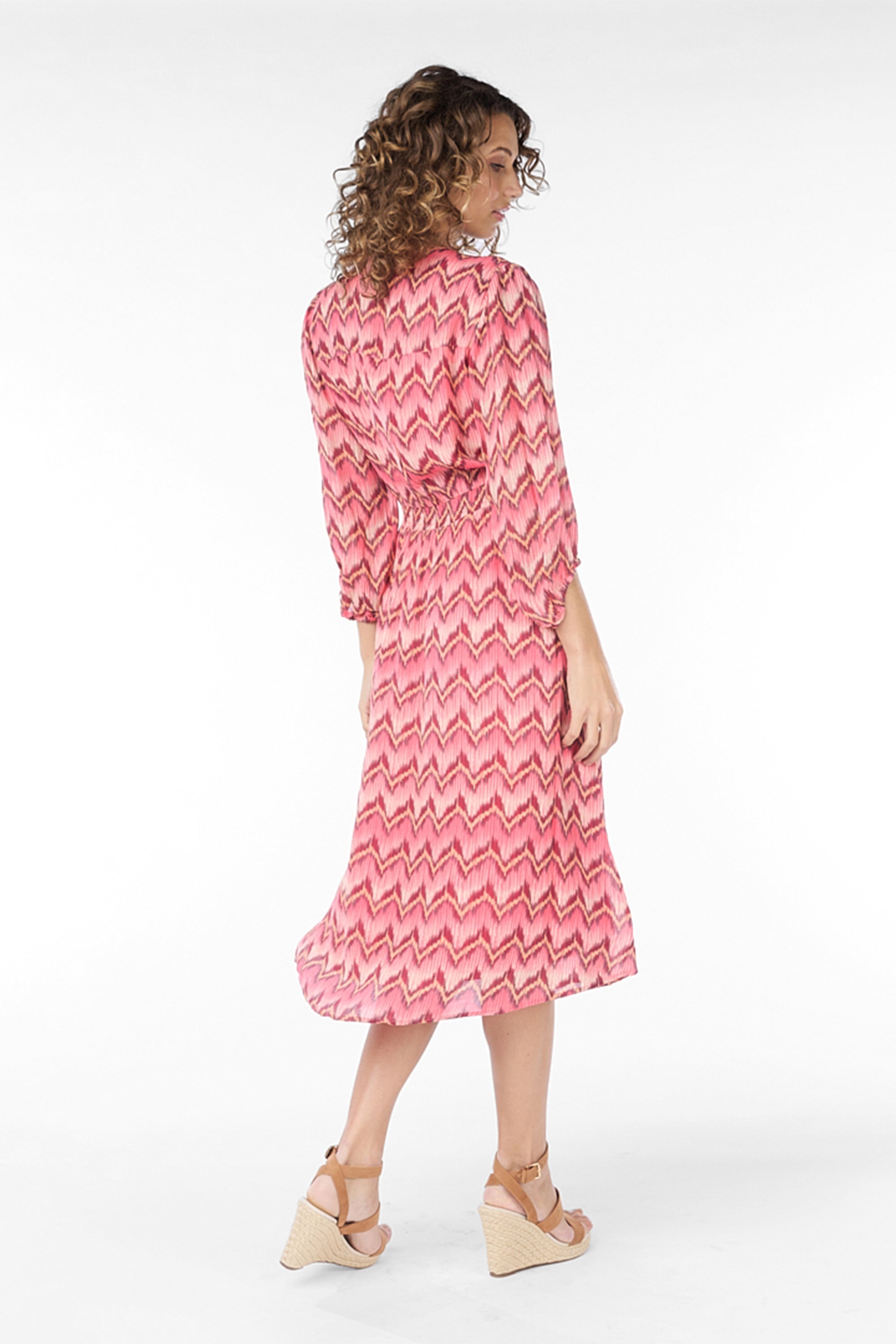 Back view of Esqualo (SP2414008) Women's 3/4 Sleeve V-Neck Midi Day Dress in a Pink ZigZag Print
