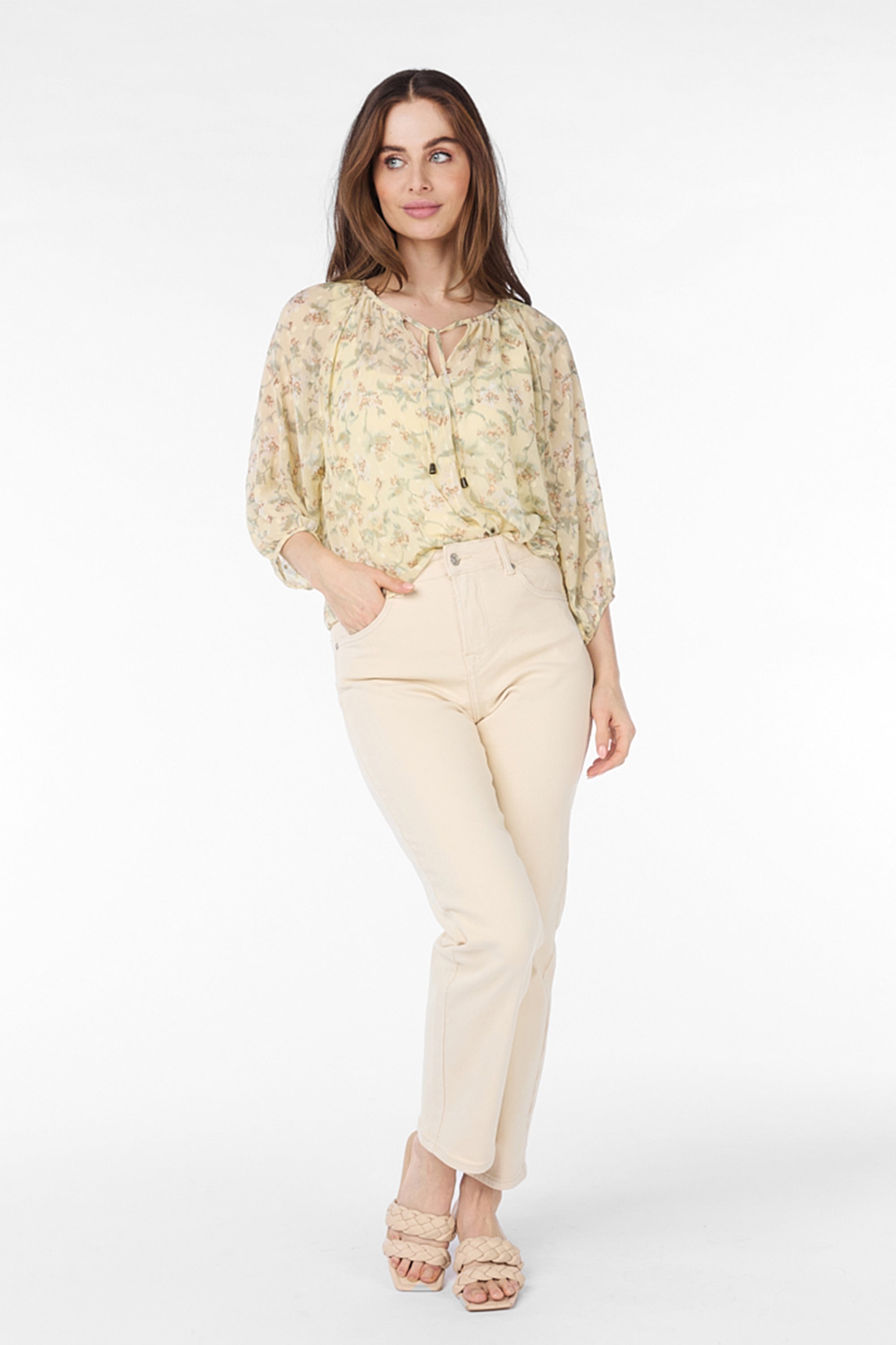 front full body view of Esqualo (SP2414042) Women's  3/4 Raglan Sleeve Floral Blouse with split v-neck in a cream floral print