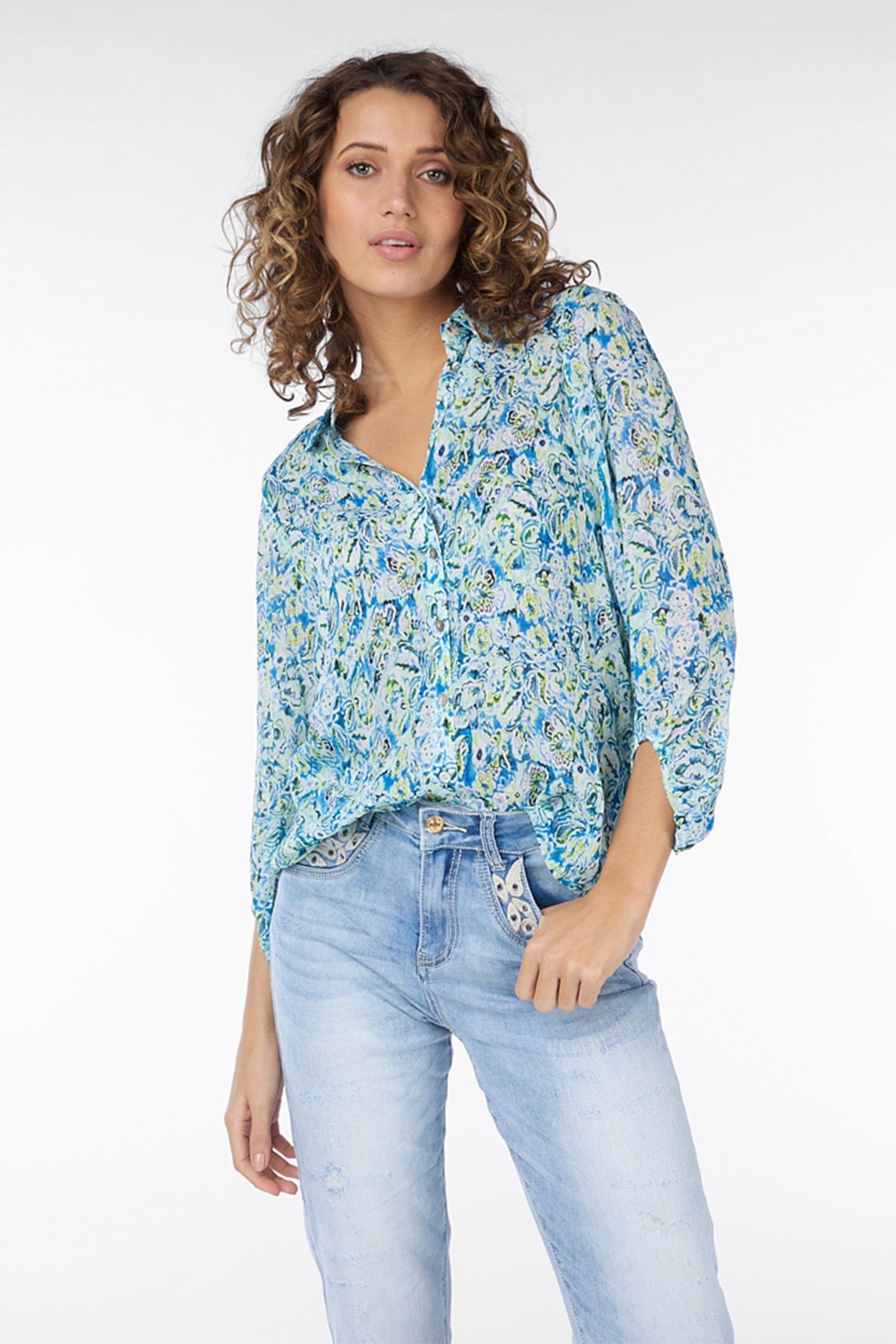 Front view of Esqualo (SP2415005) Women's 3/4 Sleeve Blue Floral Button Up Blouse