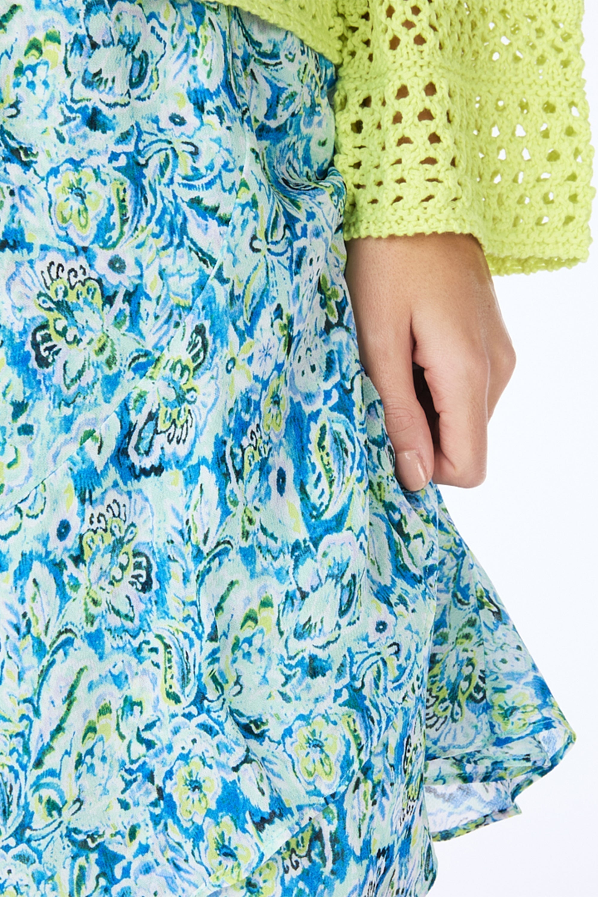 Close up of print on Esqualo (SP2415007) Blue Floral Flared Mini Skirt with Layered Front