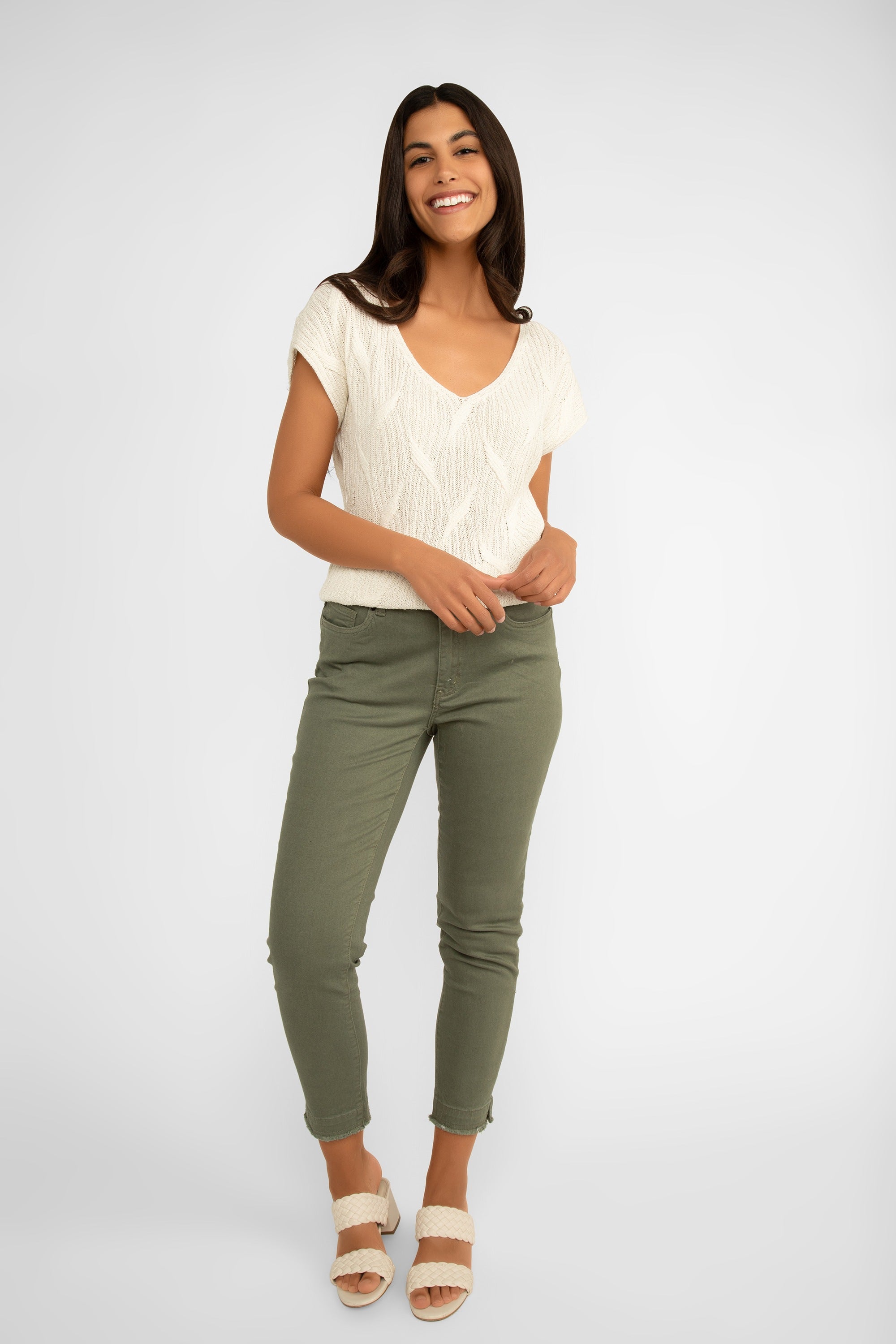 Picadilly (J6051) Women's Slim Fit, Cropped Jeans with Frayed Hem in Khaki Green