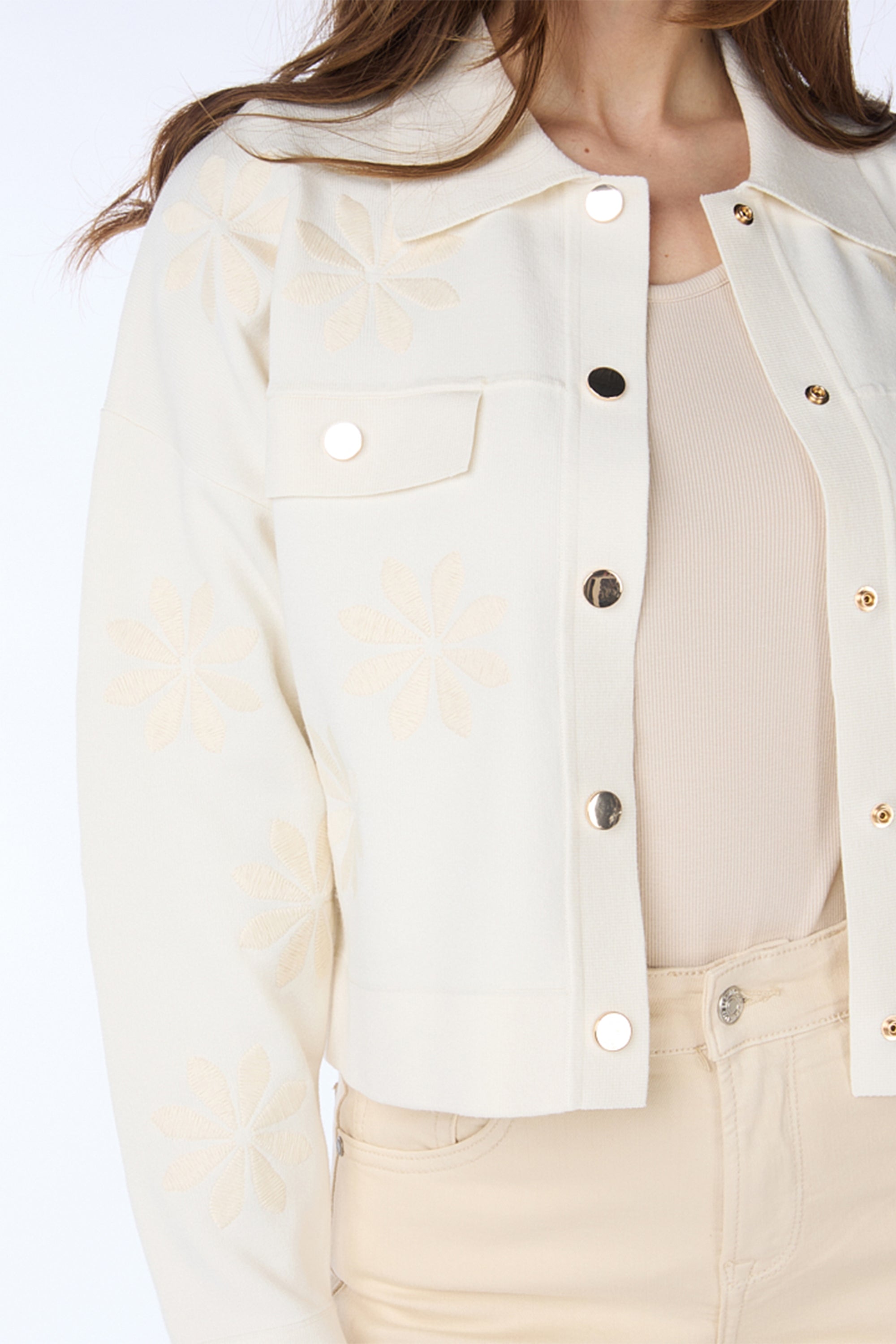 Front close up of Esqualo (SP2427011) Women's Long Sleeve Sweater Knit Cardigan With Floral Embroidery in Light Sand/ Cream