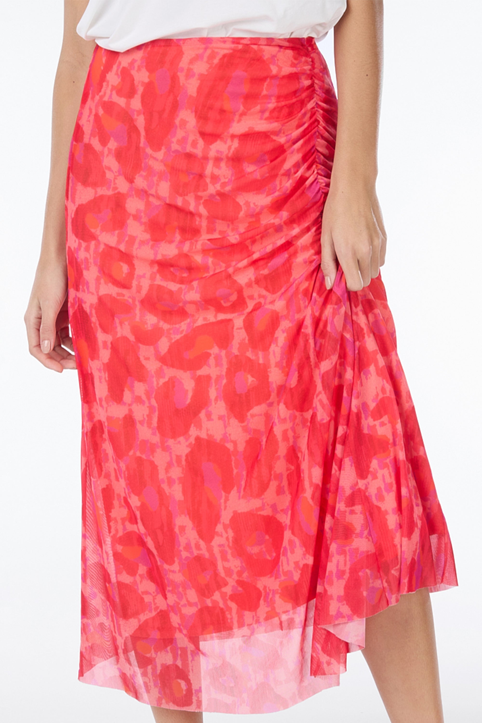 Front close up of Esqualo (SP2430008) Women's Mesh Pink Animal Print Midi Skirt with Side Gather in Hot Pink