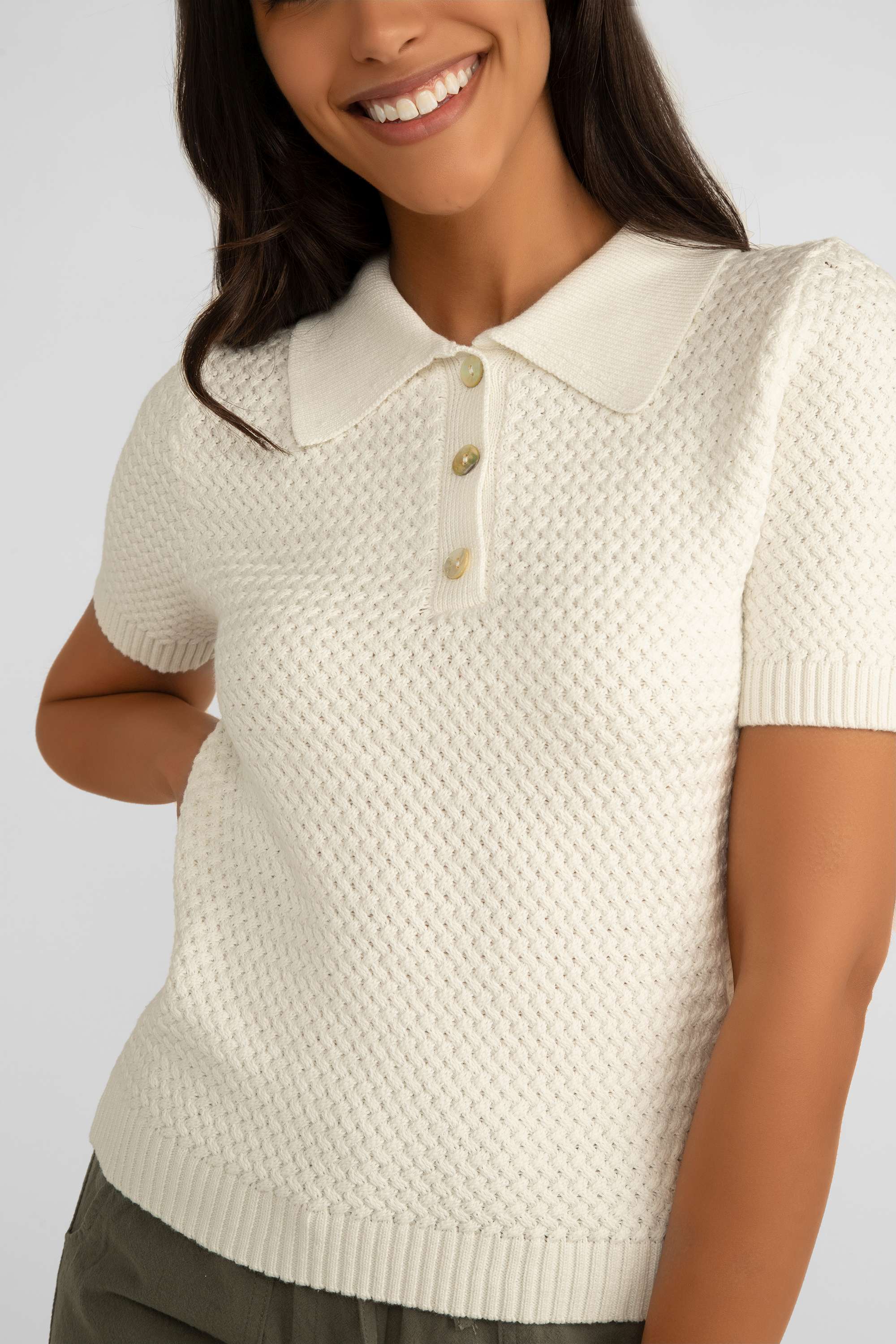 Lucy Paris (SW1975) Women's Polo Style Short Sleeve Collared Sweater with Basket weave knit in white