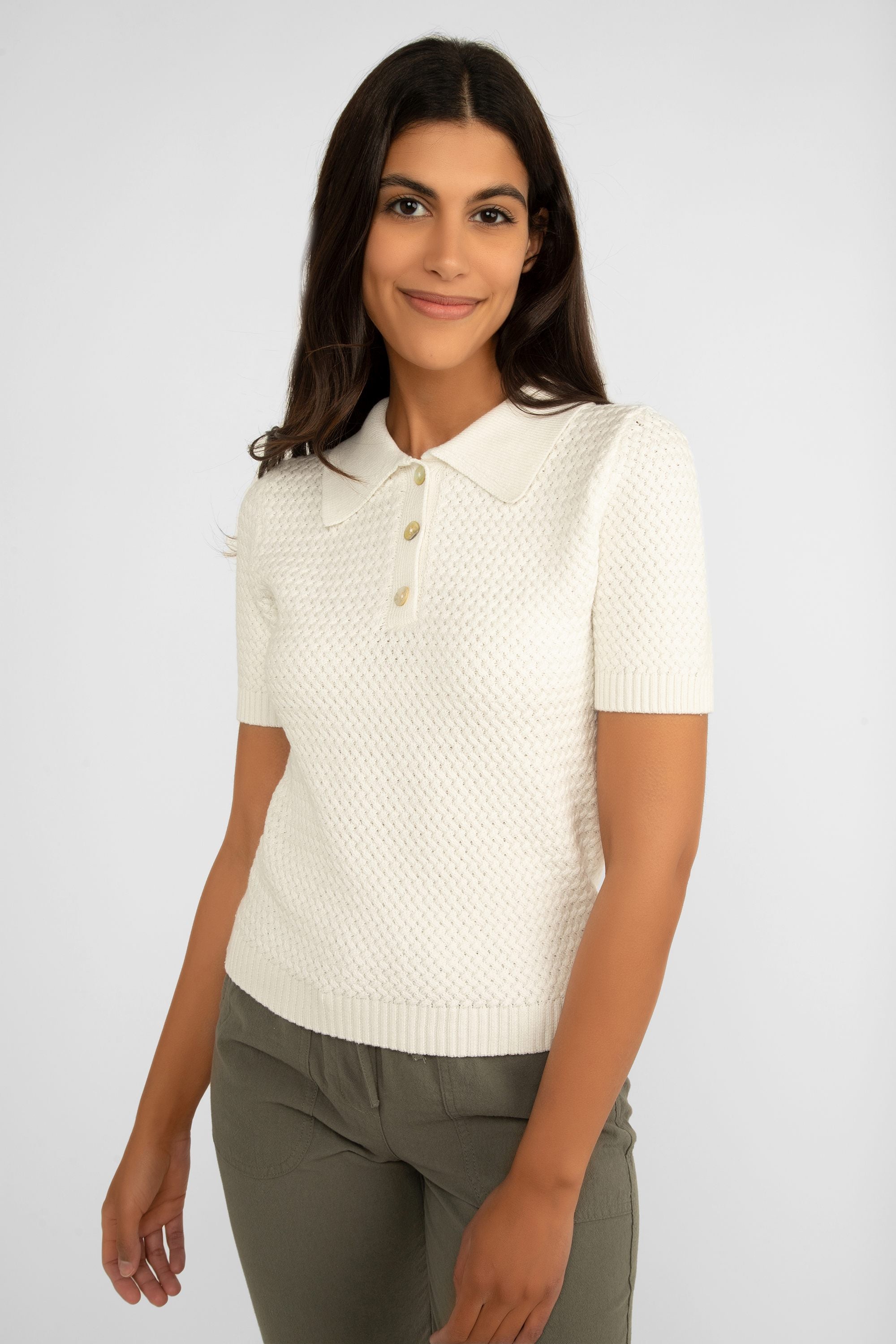 Lucy Paris (SW1975) Women's Polo Style Short Sleeve Collared Sweater with Basket weave knit in white