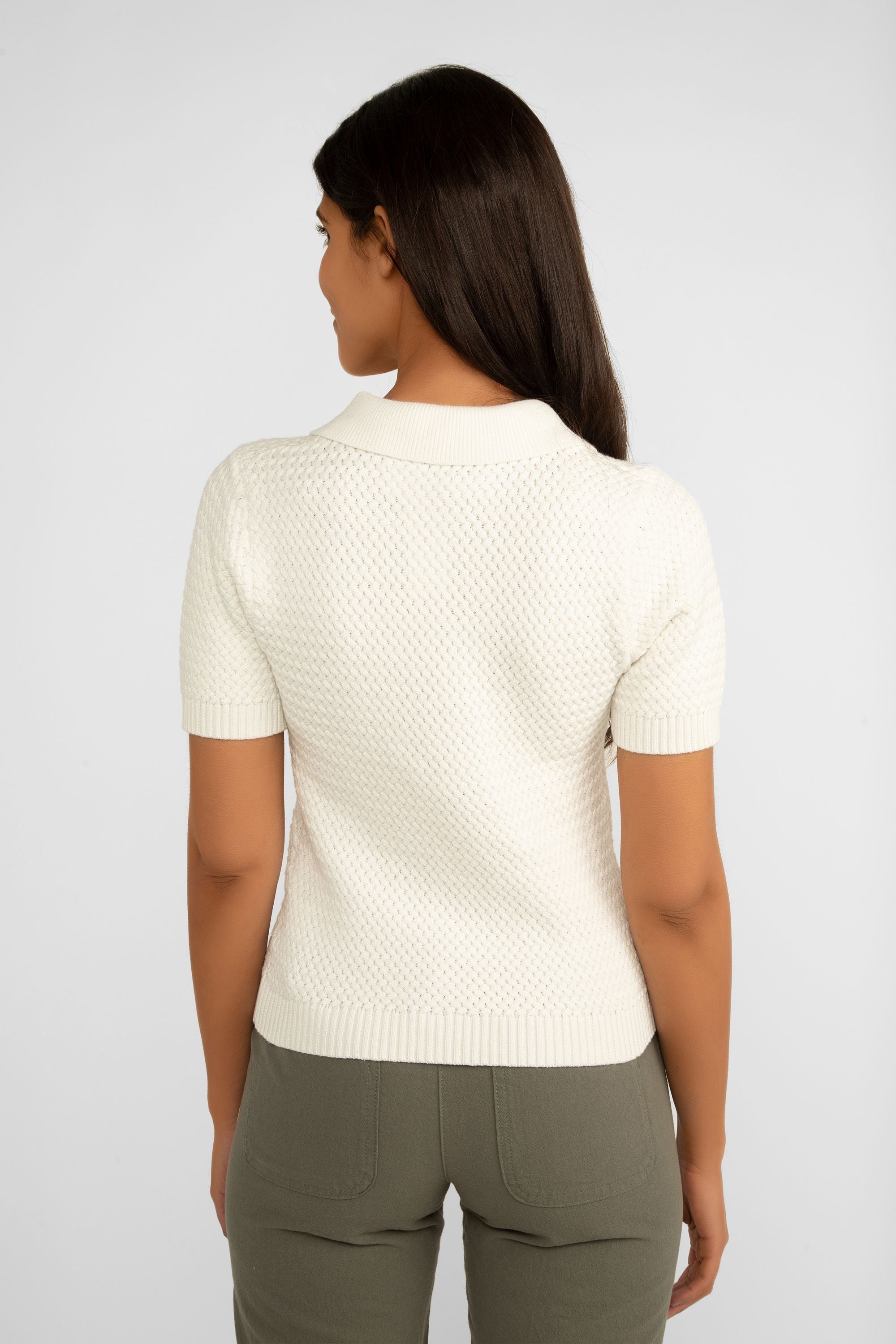 Lucy Paris (SW1975) Women's Polo Style Short Sleeve Collared Sweater with Basket weave knit in white