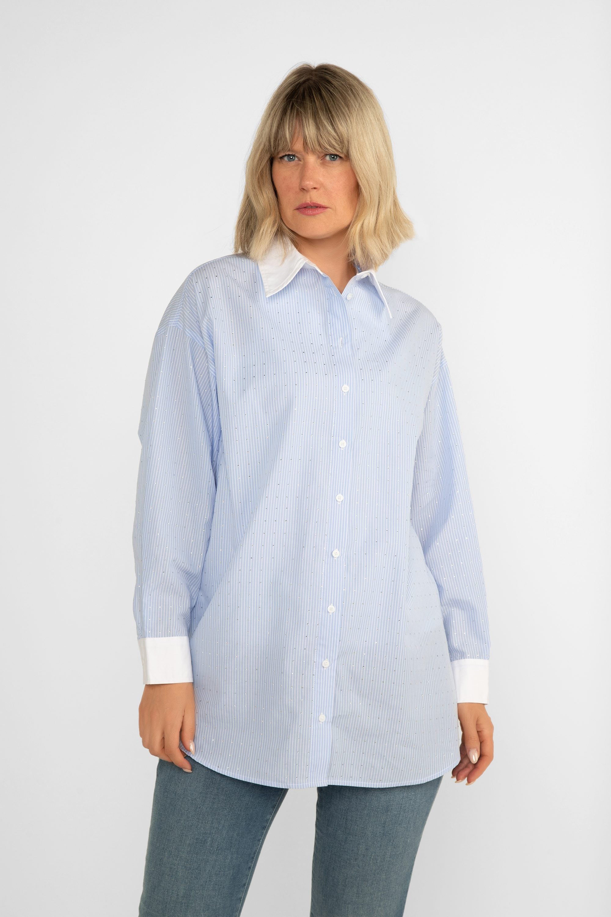 Lucy Paris (T2350) Women's Long Sleeve Button Up Blouse with Shirt Collar and All Over Rhinestone Embellishment in Blue & White Vertical Stripes