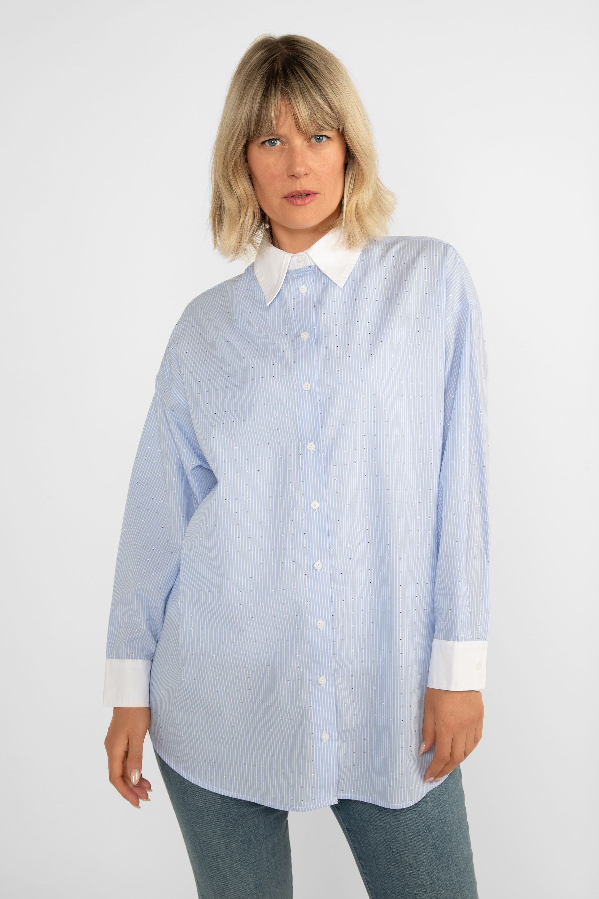 Blue Striped Button-Up Blouse with Rhinestones