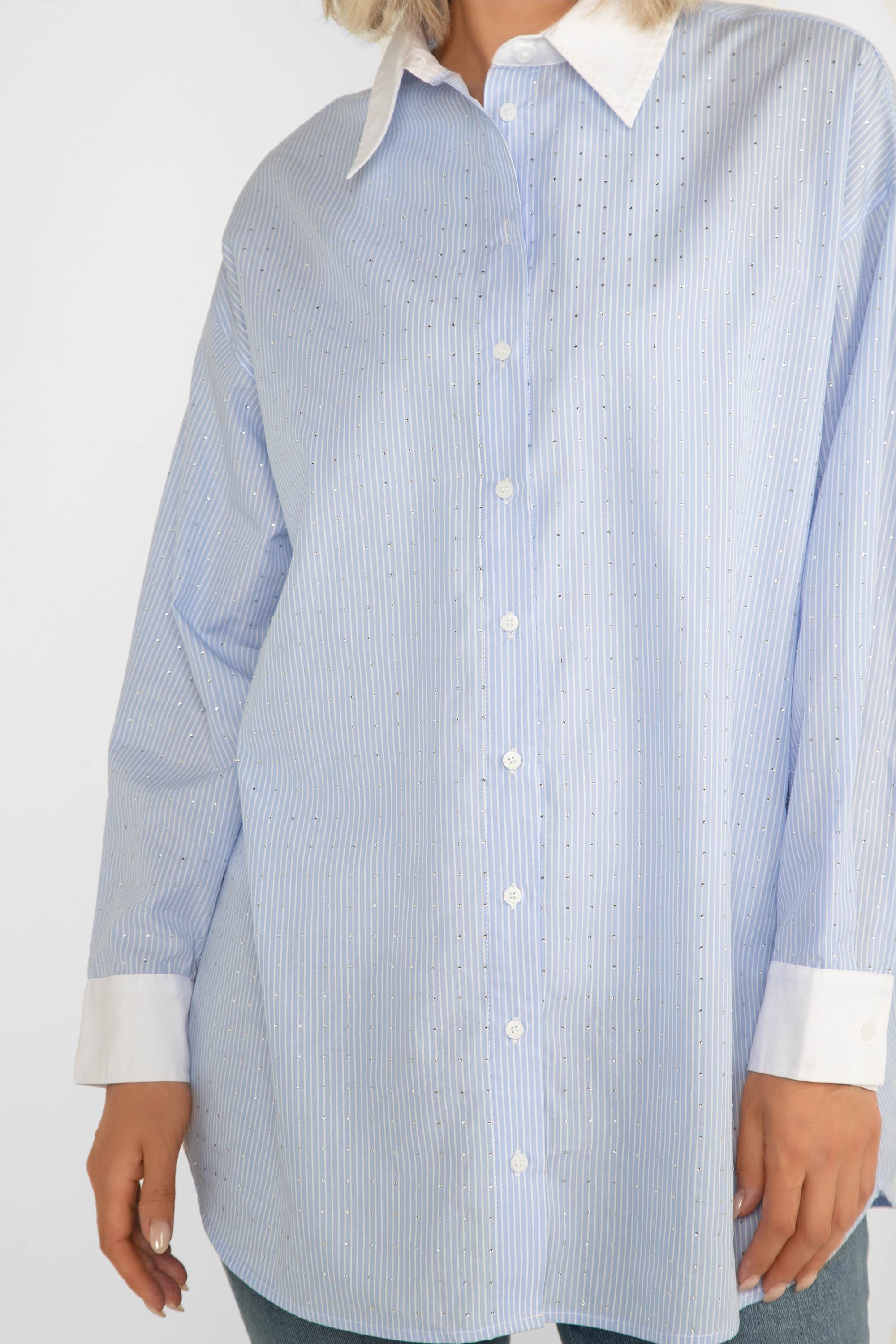 Blue Striped Button-Up Blouse with Rhinestones