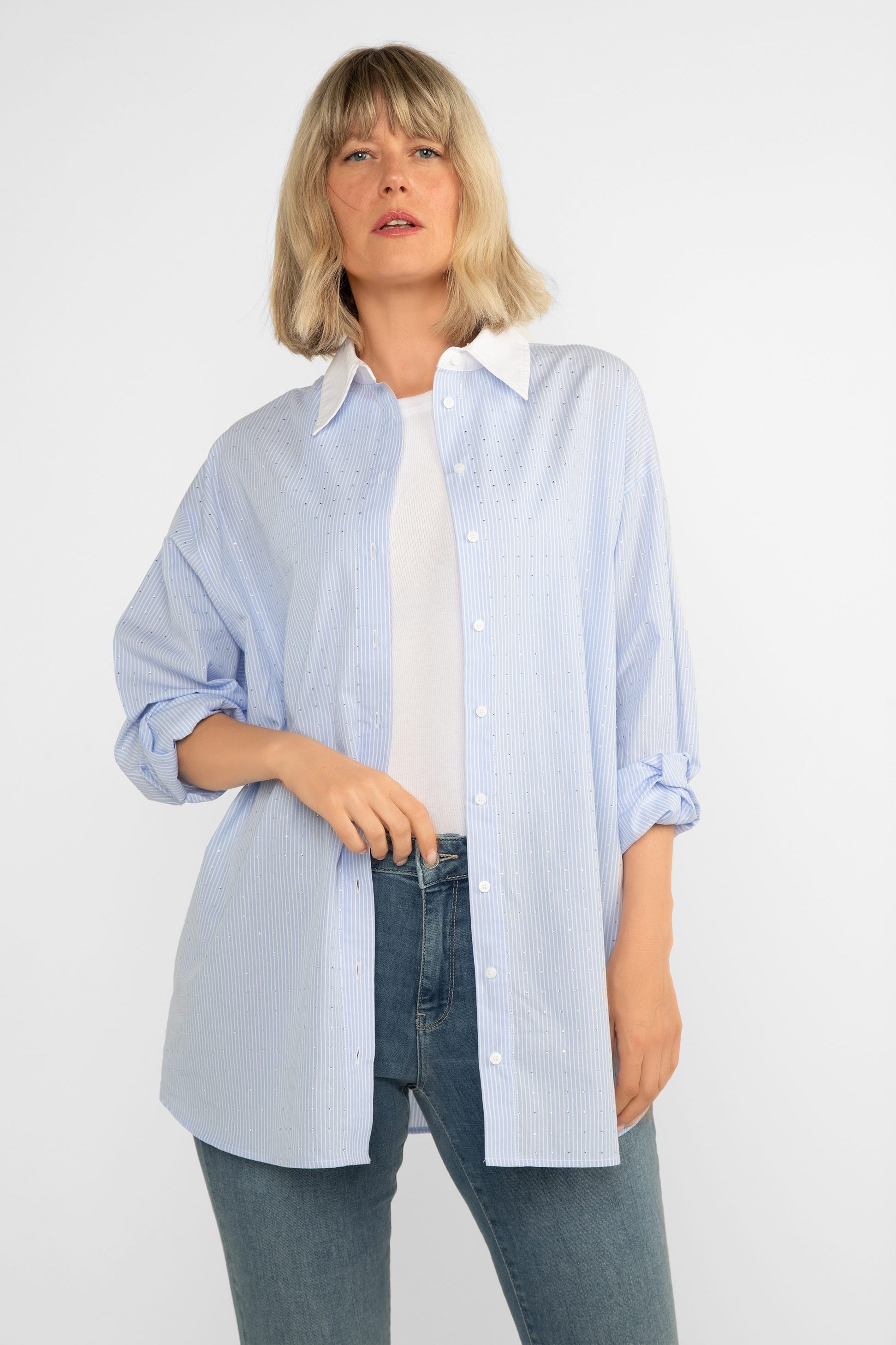 Blue Striped Button-Up Blouse with Rhinestones