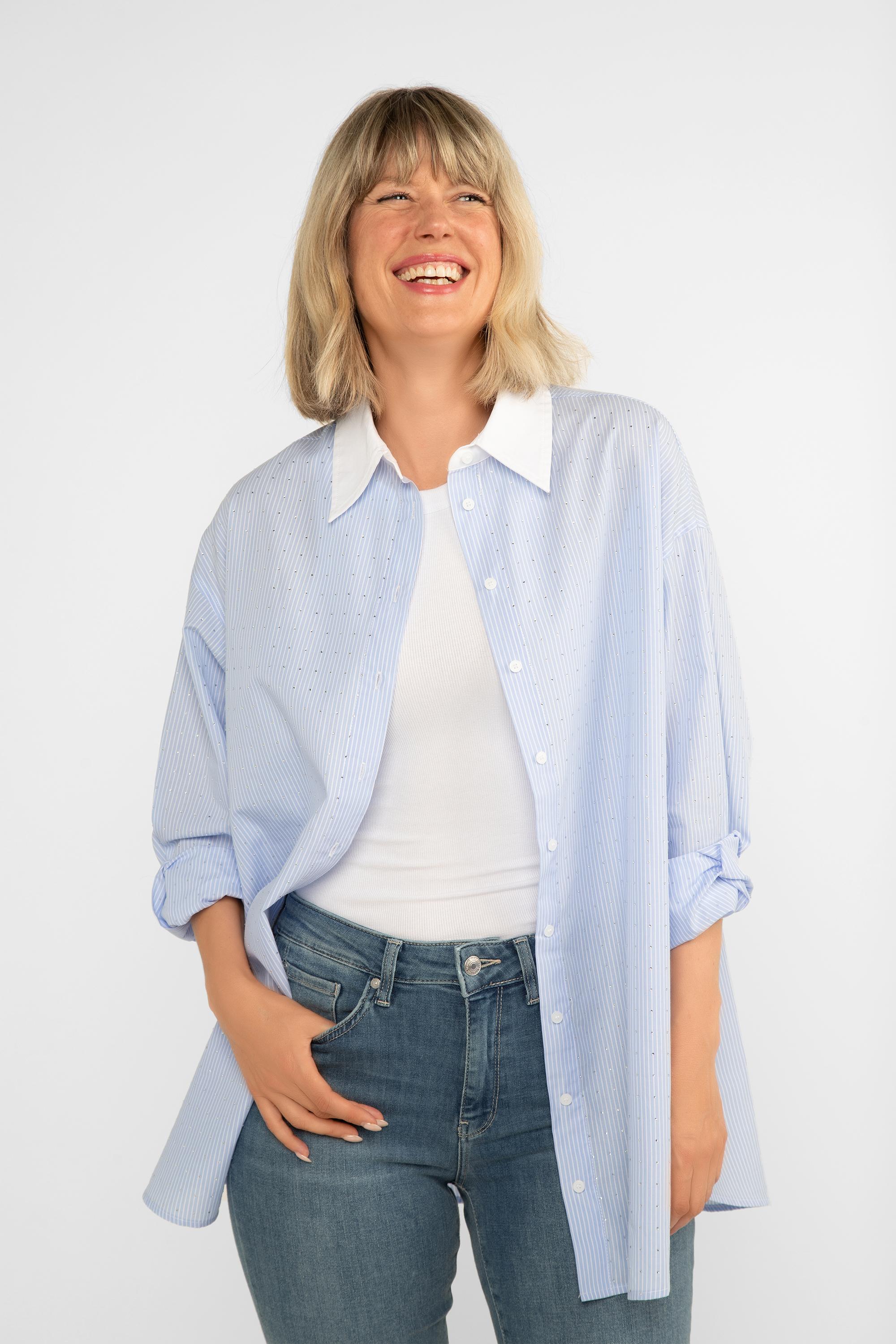 Blue Striped Button-Up Blouse with Rhinestones