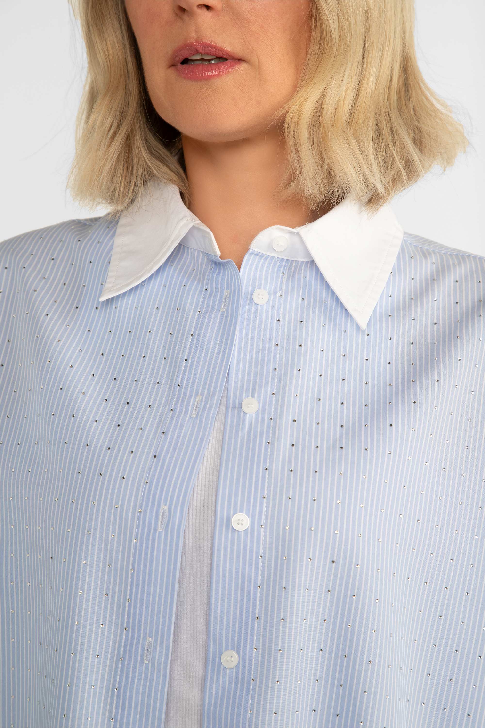 Blue Striped Button-Up Blouse with Rhinestones