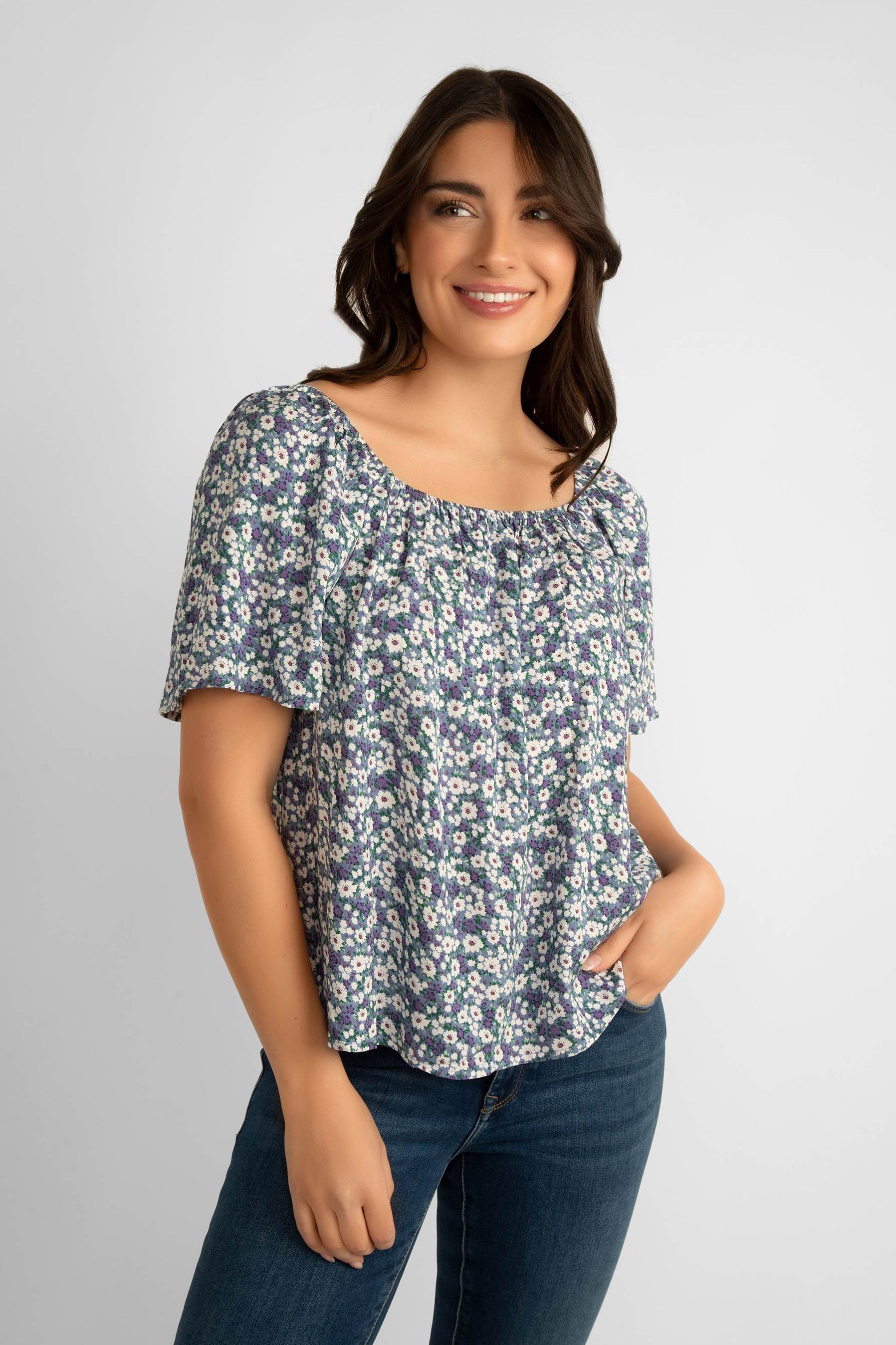 Pink Martini (TO-230511) Clarice Top - Short cap sleeves, elastic neckline and loose & relaxed fit in blue & white floral print