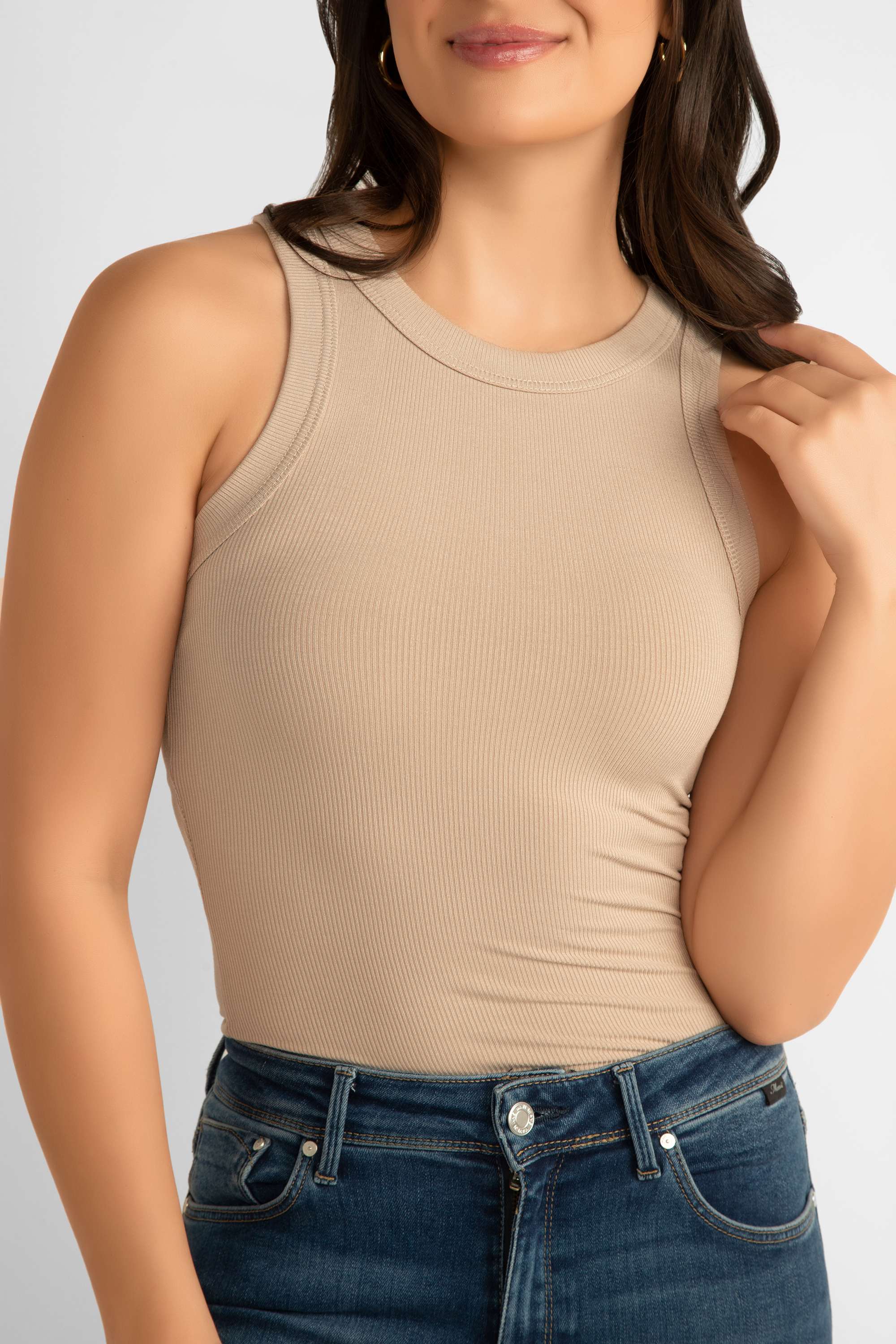 Pink Martini (TO-679542) The Danika Top - Women's Classic Ribbed Knit, Racerback Tank Top in Beige
