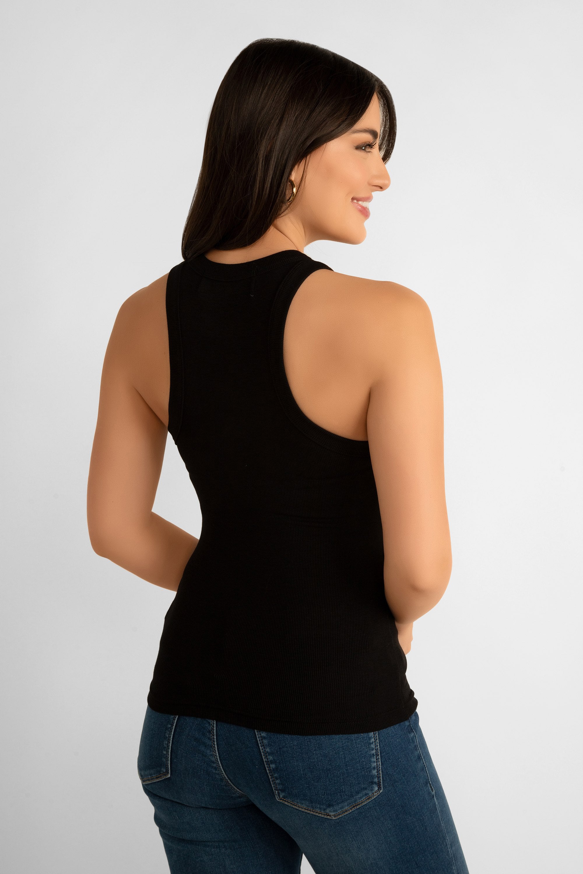 Back view of Pink Martini (TO-679542) The Danika Top - Women's Classic Ribbed Knit, Racerback Tank Top in Black