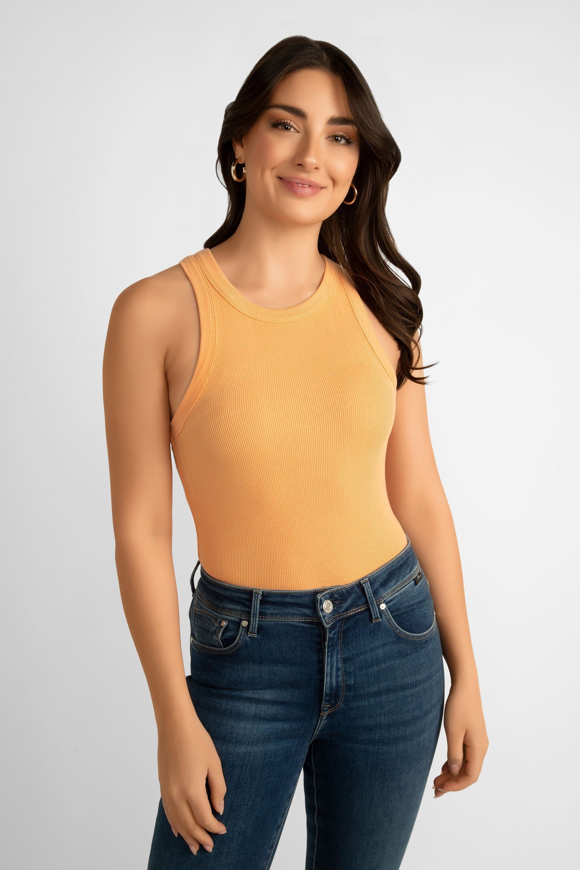 Pink Martini (TO-679542) The Danika Top - Women's Classic Ribbed Knit, Racerback Tank Top in Orange