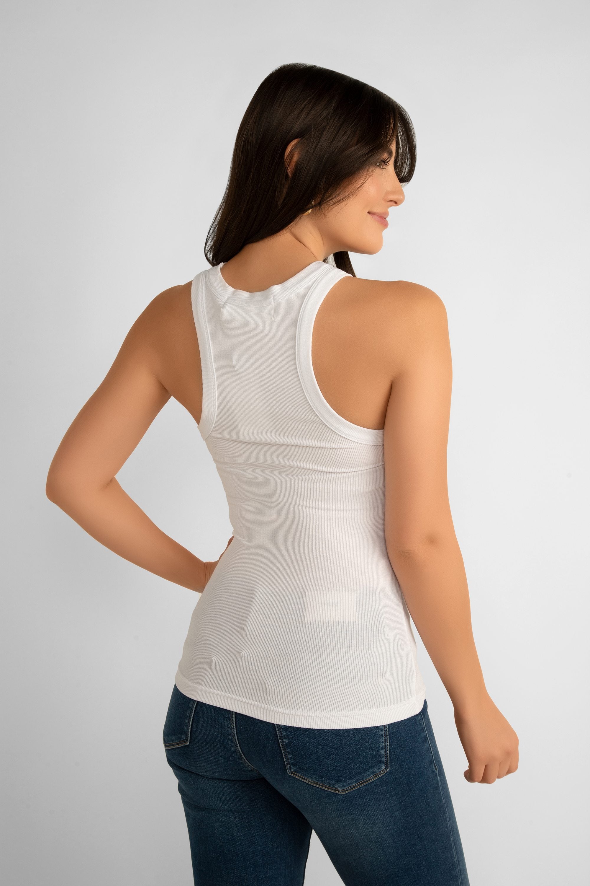 Back view of Pink Martini (TO-679542) The Danika Top - Women's Classic Ribbed Knit, Racerback Tank Top in White