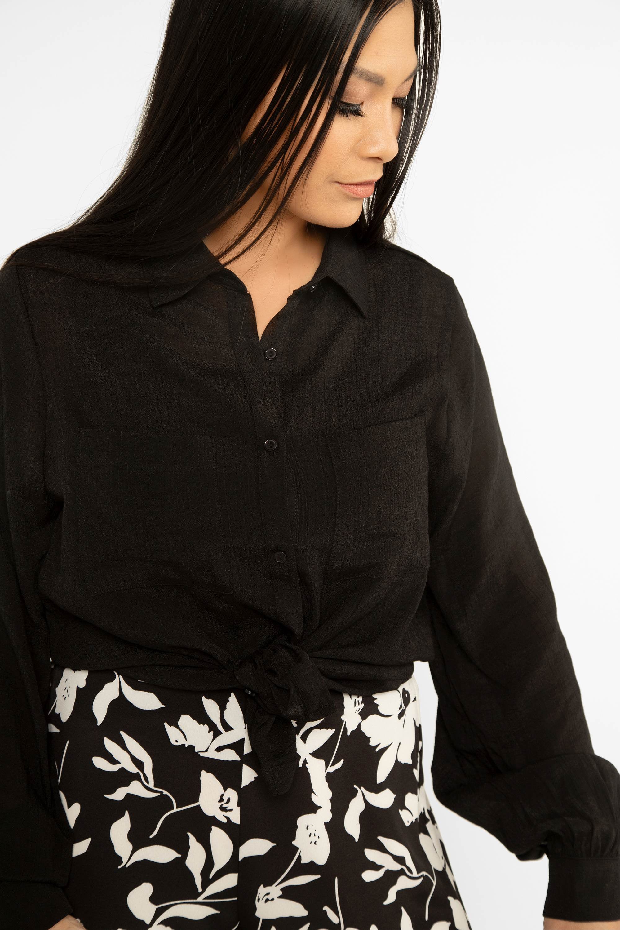 Timing (WN10436A) Women's Long Bishop  Sleeve Button Front Shirt with Pockets in Black