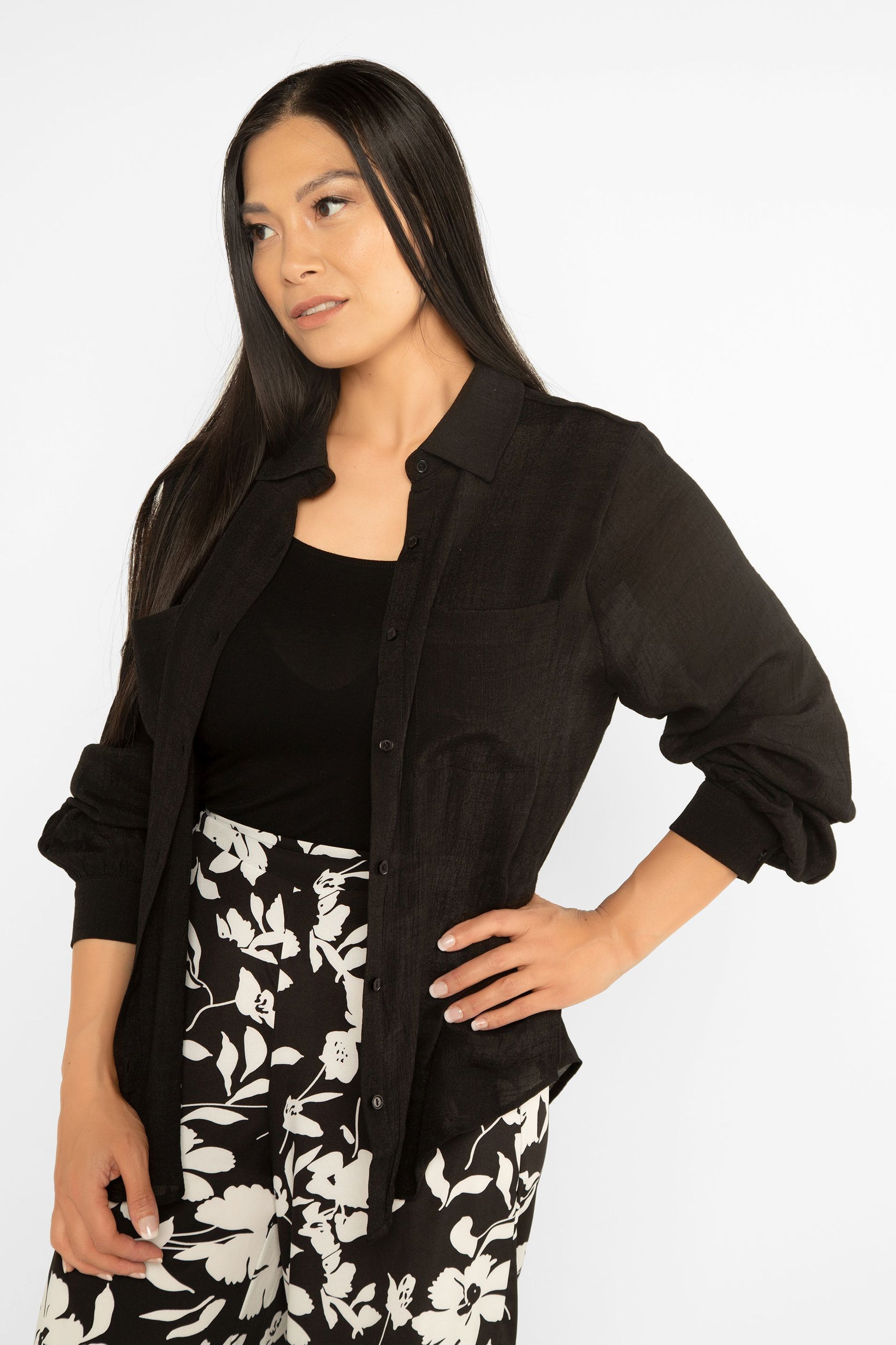 Timing (WN10436A) Women's Long Bishop  Sleeve Button Front Shirt with Pockets in Black