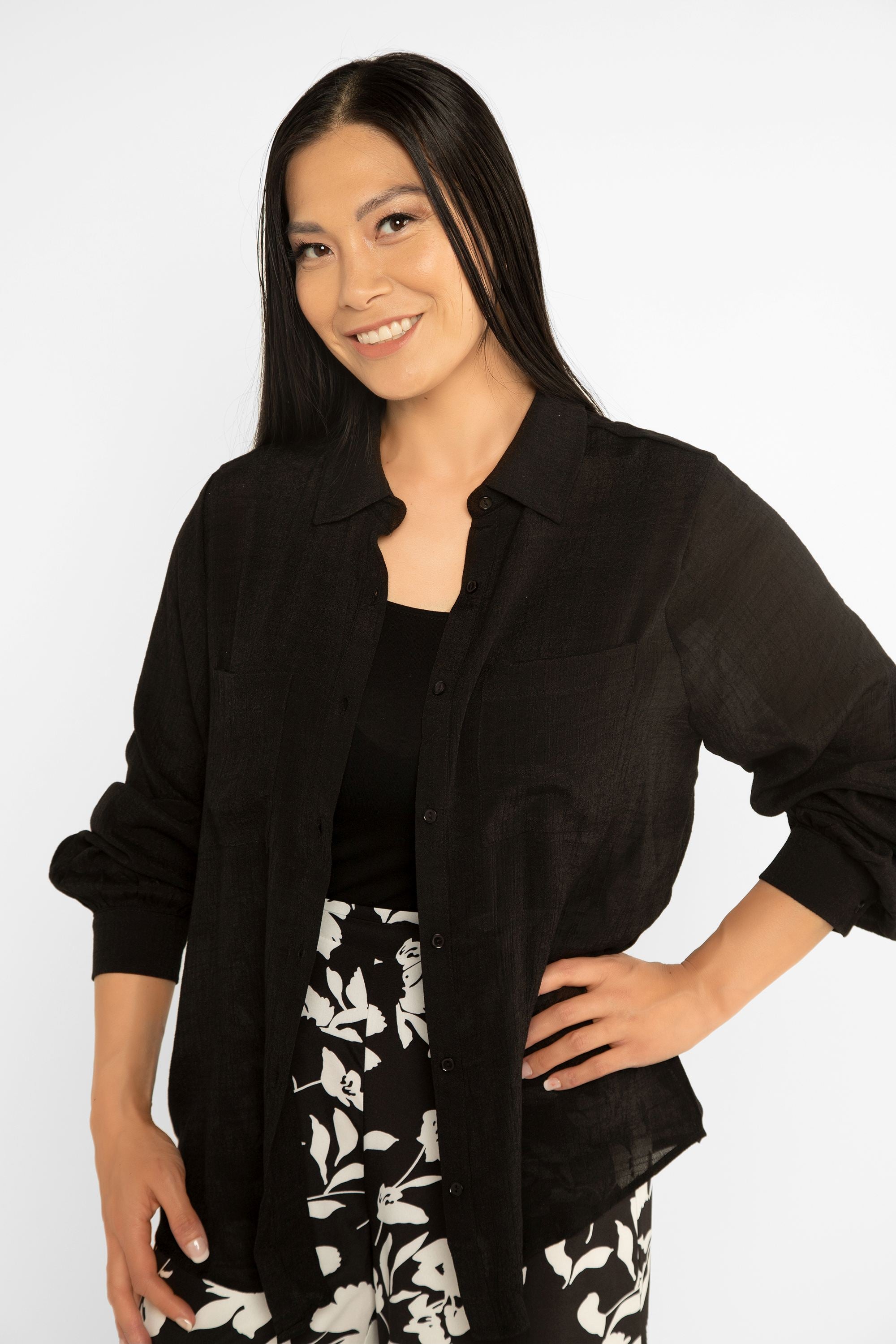  Timing (WN10436A) Women's Long Bishop  Sleeve Button Front Shirt with Pockets in Black