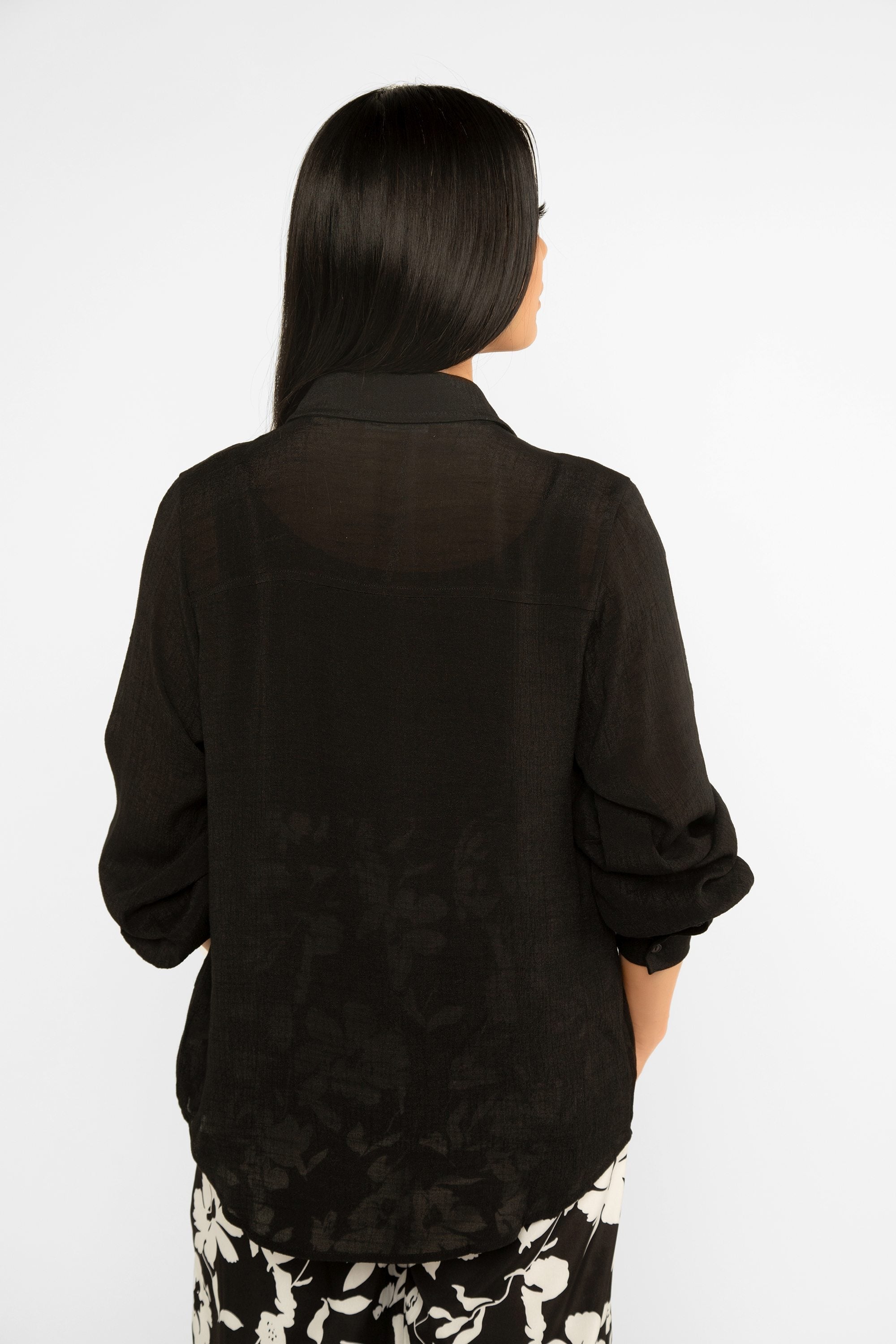 Back ivew of Timing (WN10436A) Women's Long Bishop  Sleeve Button Front Shirt with Pockets in Black