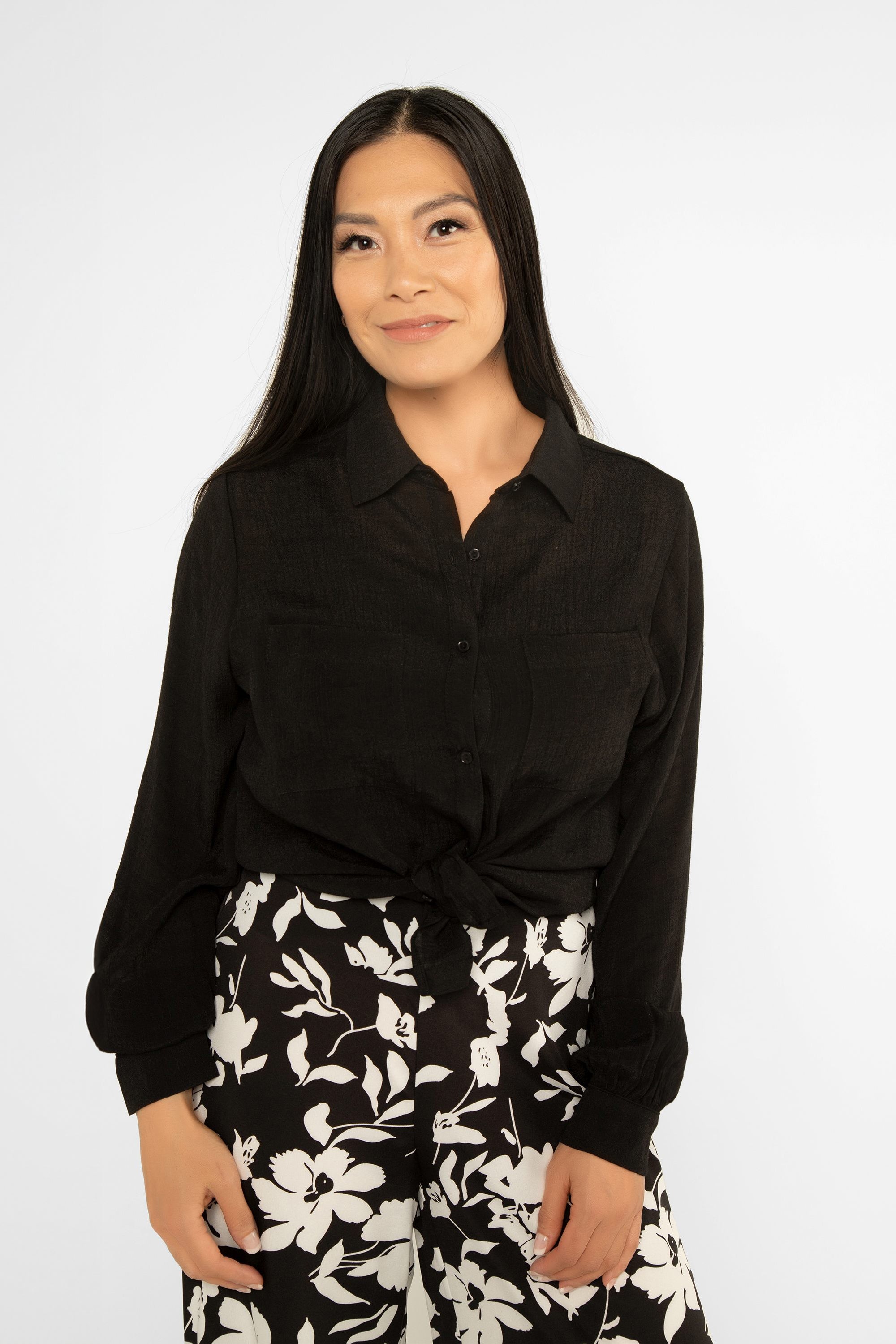 Timing (WN10436A) Women's Long Bishop  Sleeve Button Front Shirt with Pockets in Black