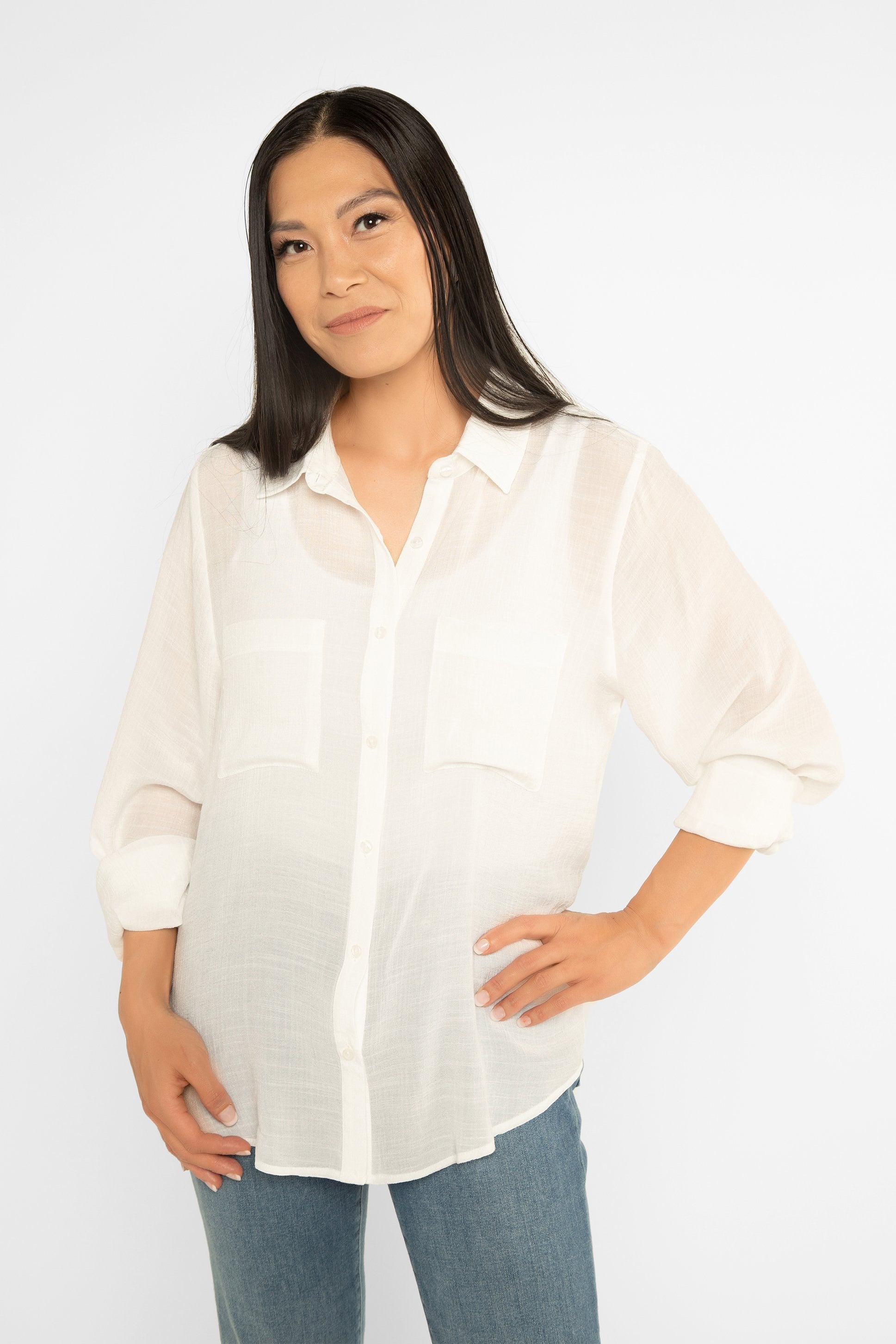 Timing (WN10436A) Women's Long Bishop  Sleeve Button Front Shirt with Pockets in White