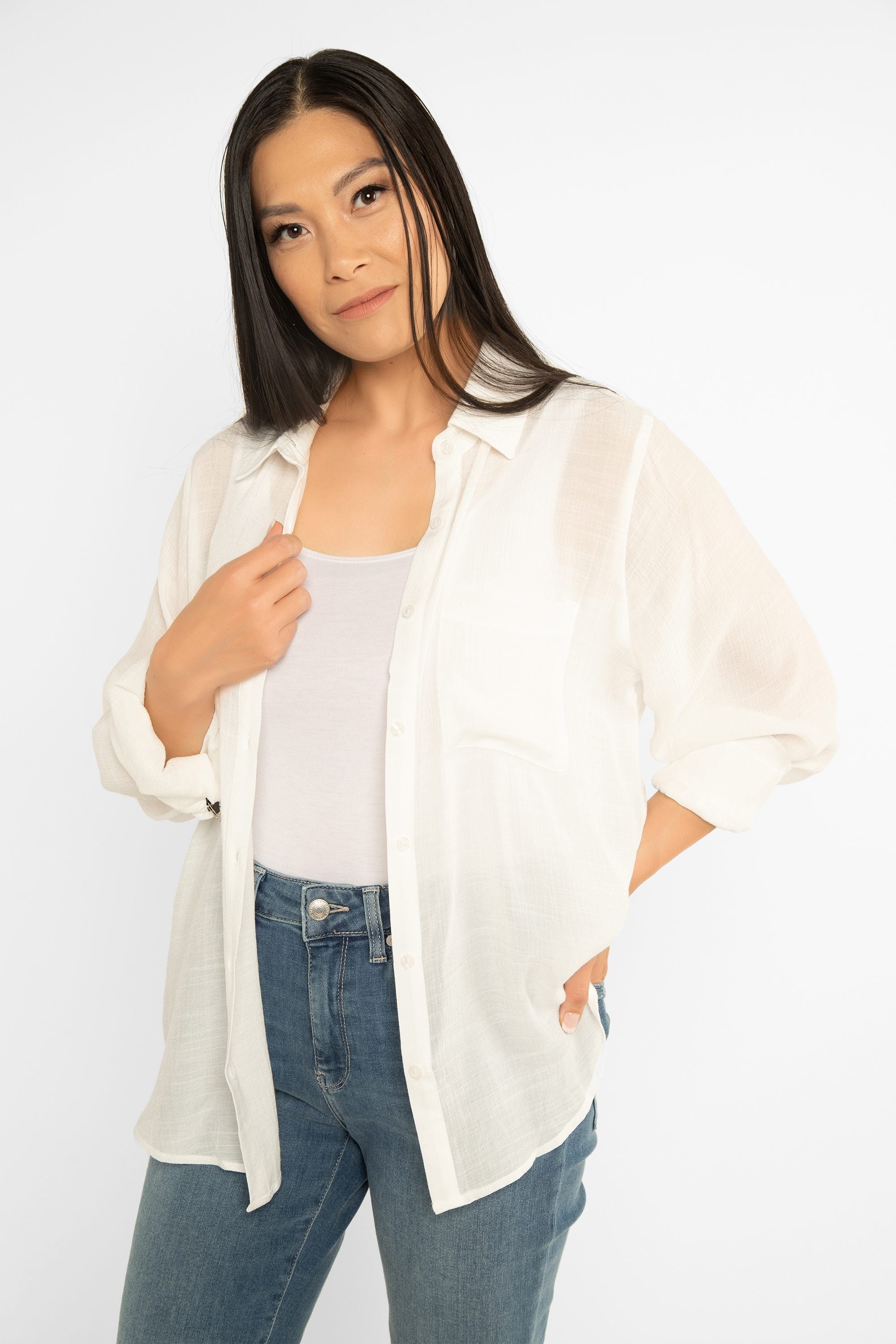 Timing (WN10436A) Women's Long Bishop  Sleeve Button Front Shirt with Pockets in White