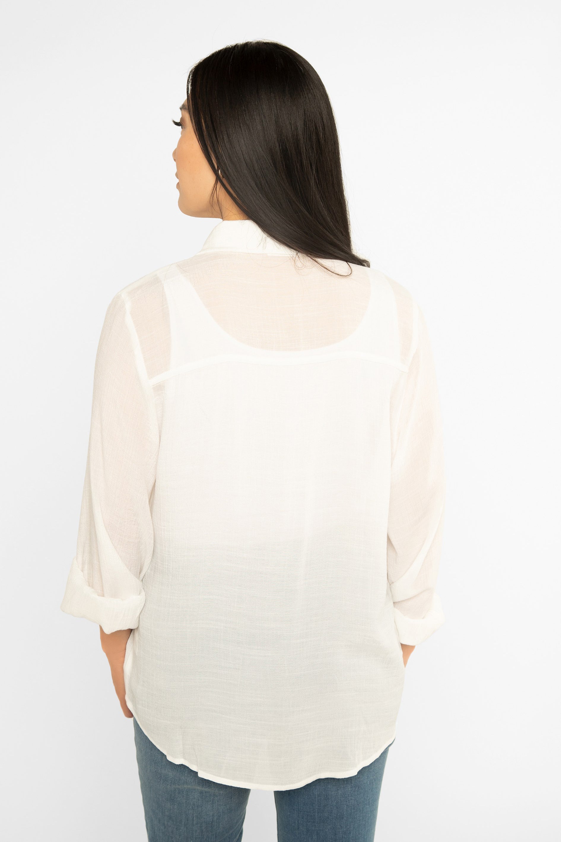 Back view of Timing (WN10436A) Women's Long Bishop  Sleeve Button Front Shirt with Pockets in White