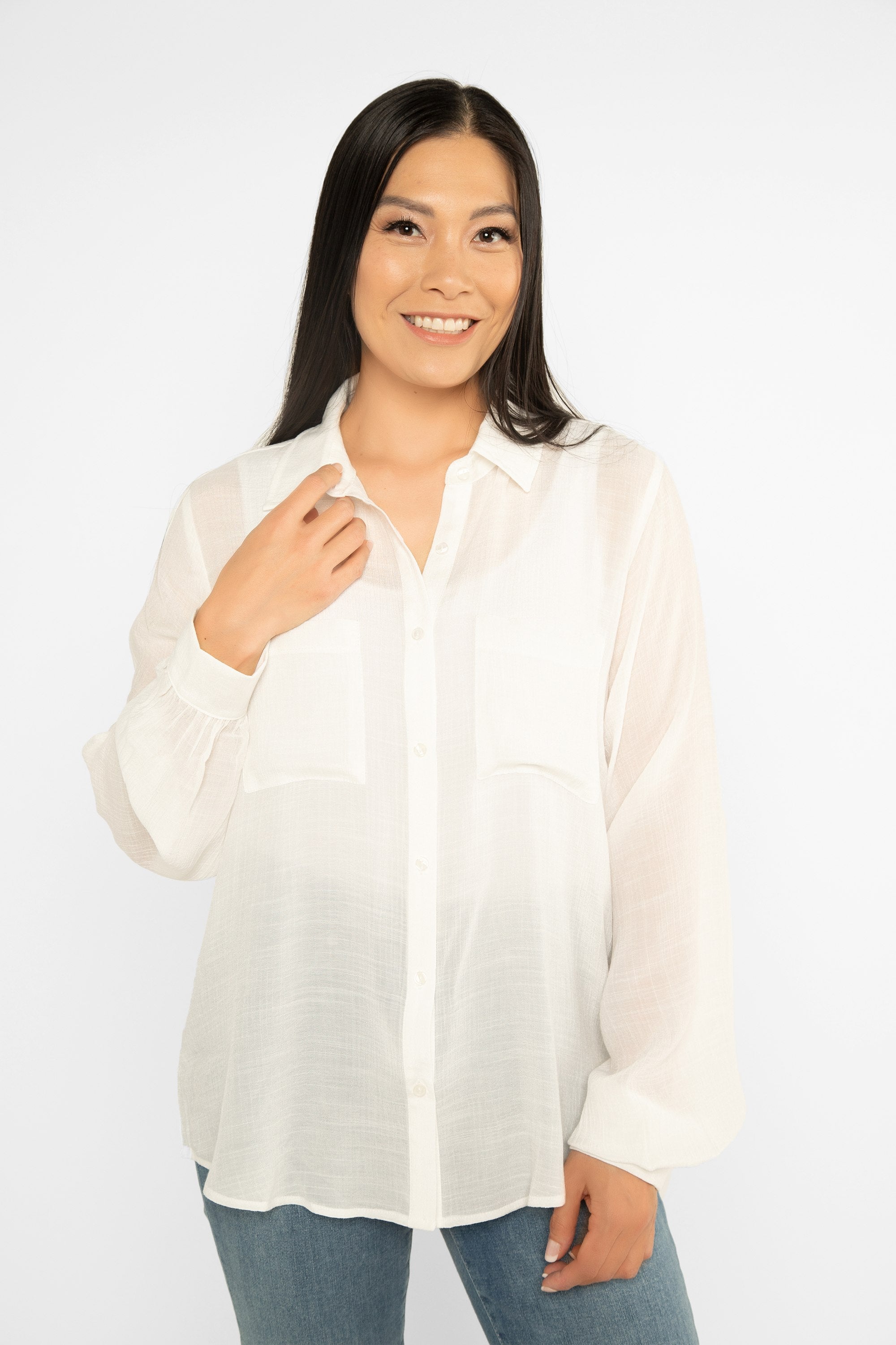 Timing (WN10436A) Women's Long Bishop  Sleeve Button Front Shirt with Pockets in White