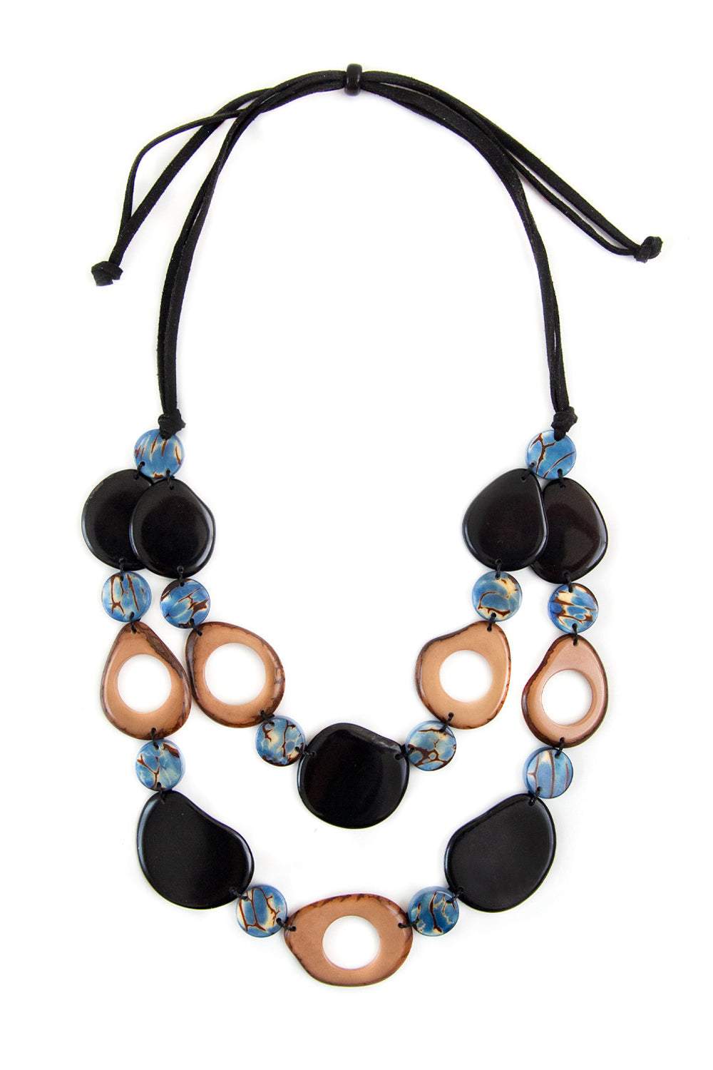 Organic Tagua Jewelry (SC1718) Danna Necklace - chunky two strand necklace with sustainable tagua nut beads in blue, black and brown