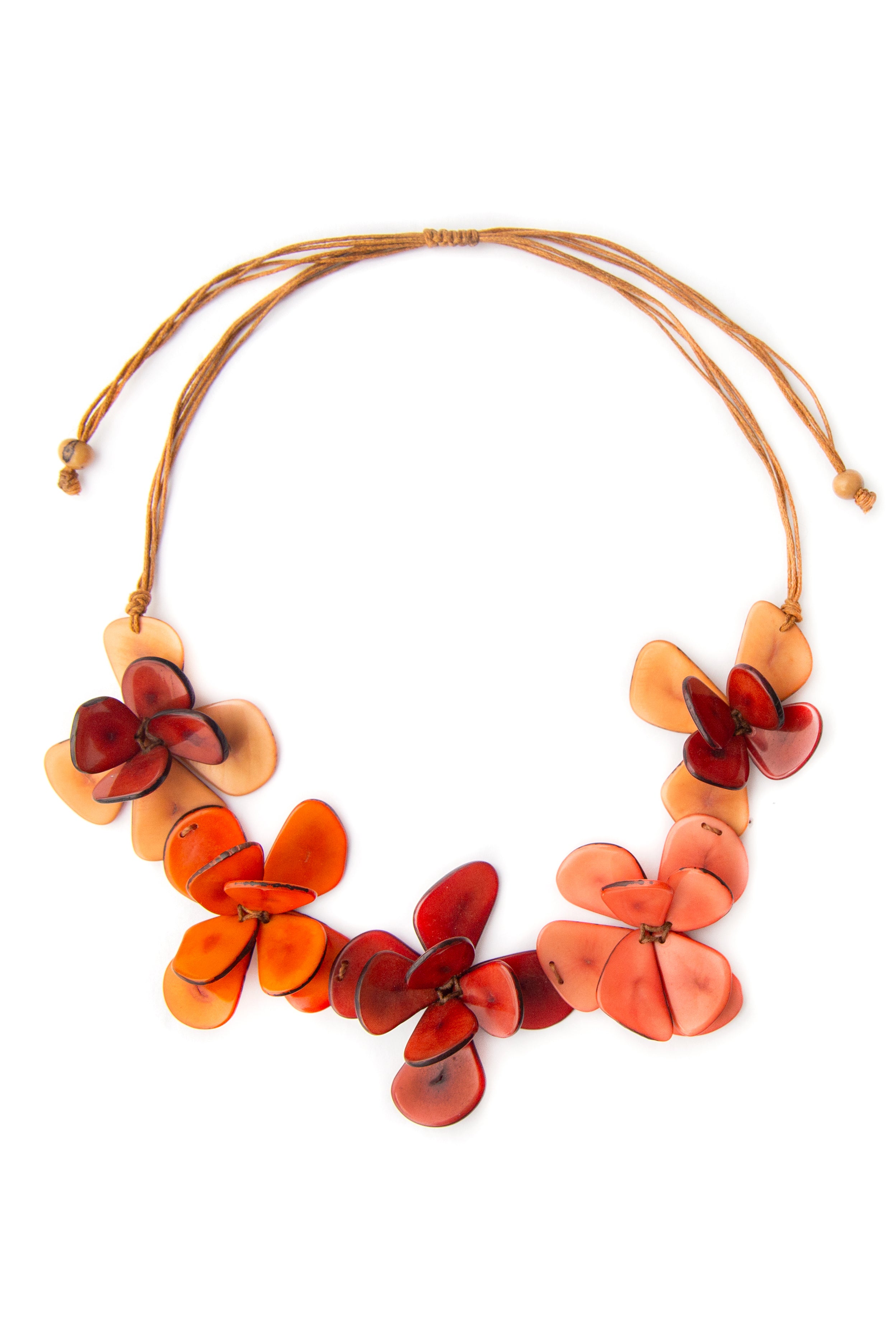 Organic Tagua Jewelry (SC1727) Florence Necklace - Orange and red flowers sculpted from tague nut slices for a chunky adjustable necklace