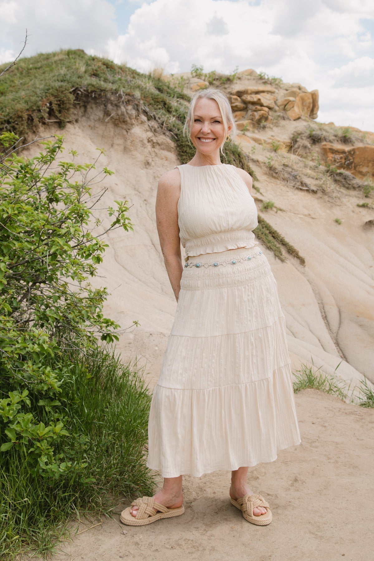 Lucy Parix (SK2371) Tiered Midi Skirt With Smocked Waist in Beige