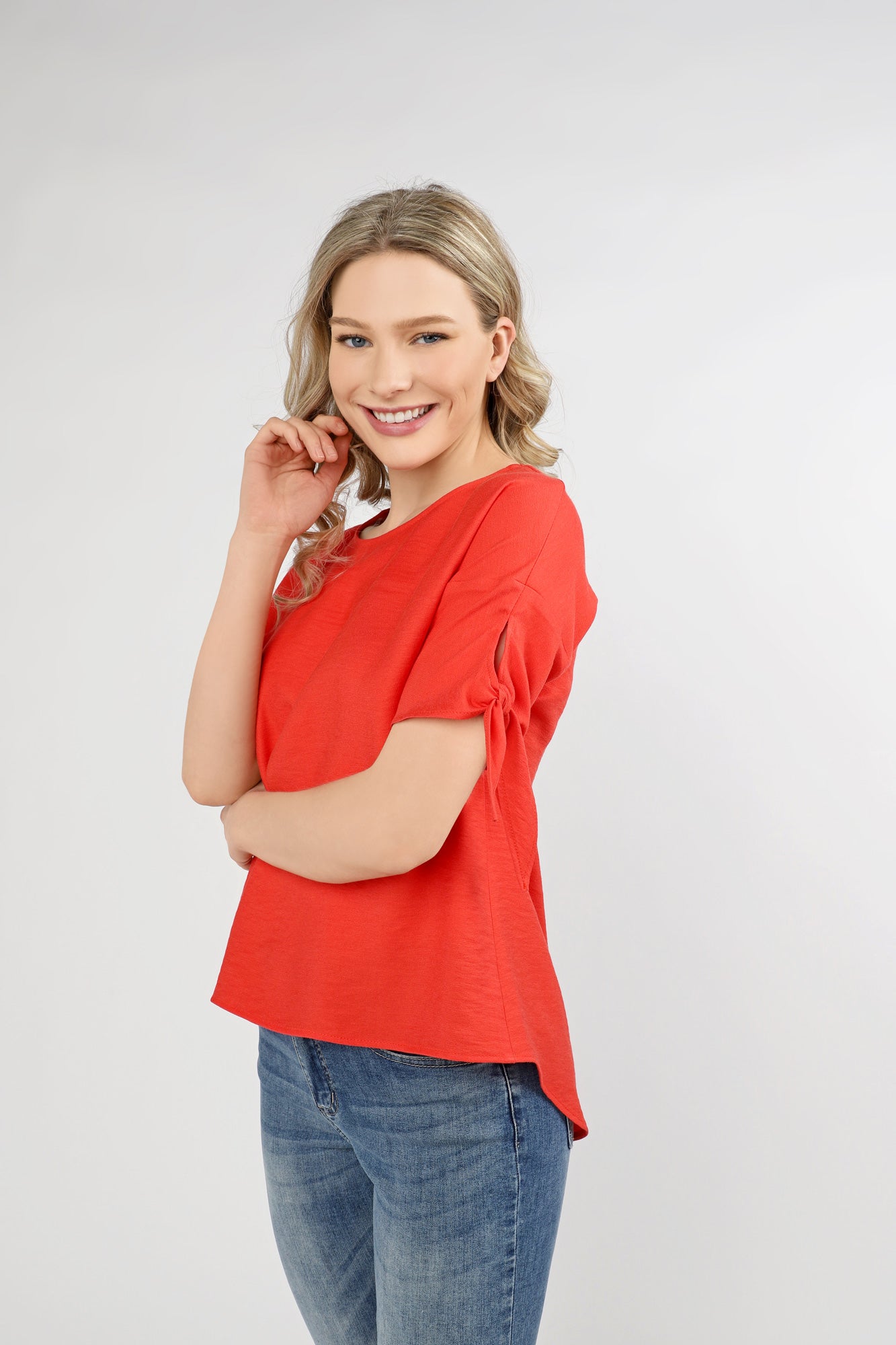 Tie Sleeve Top With Back Button Detail