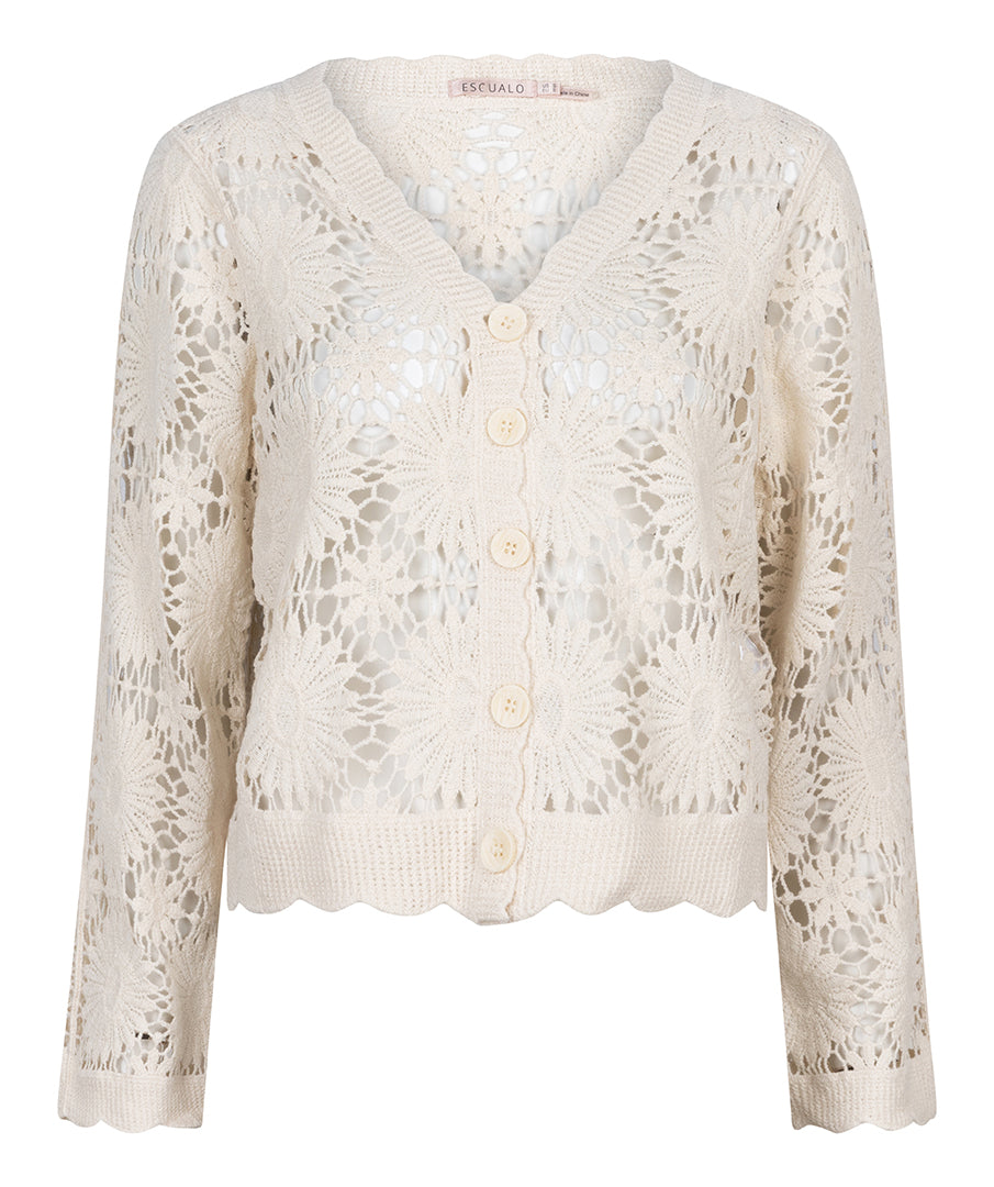 Esqualo (sp2418003) Women's Long Sleeve Open Knit Crochet Cardigan in a Floral Lace Knit - Natural White / Beige
