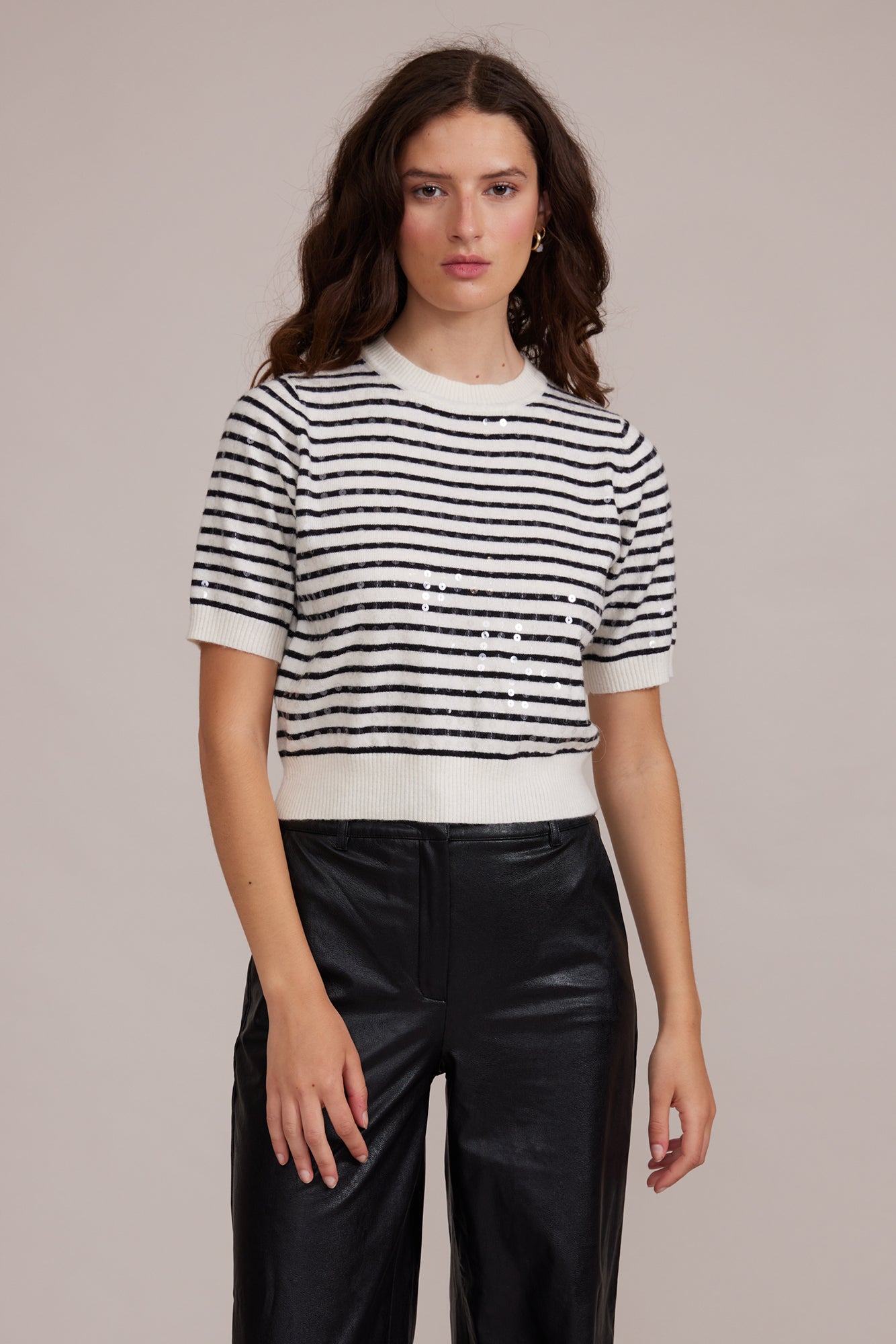 Lucy Paris (SW2800) Women's Short Sleeve Crew Neck Sweater in Black & White Stripes with Clear Sequins on front and sleeves