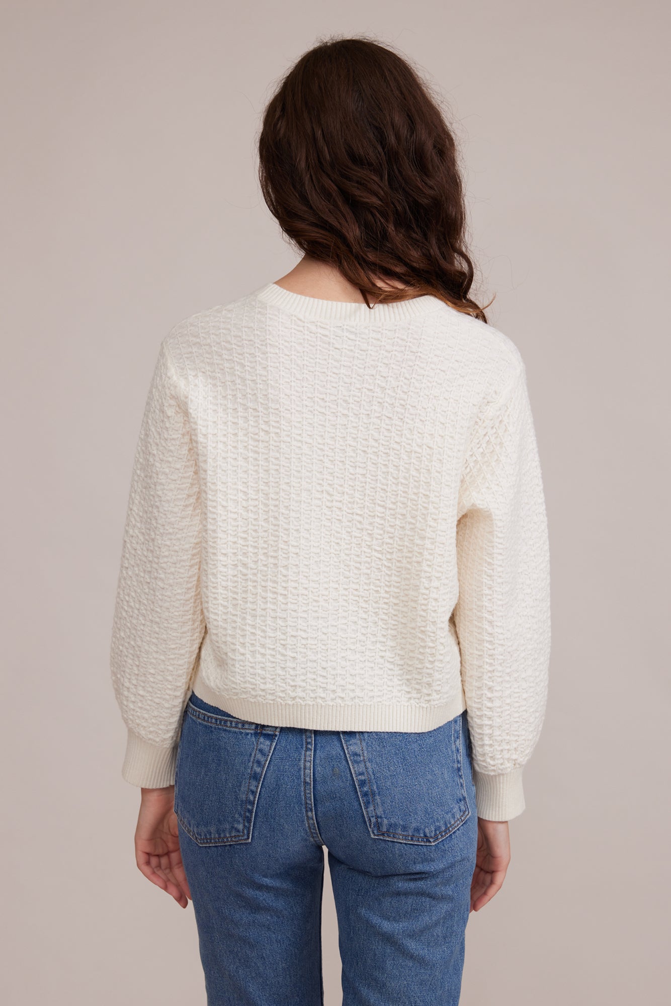 Back view of Lucy Paris (SW2953) Women's Long Sleeve Crew Neck Textured Percy Sweater in Cream