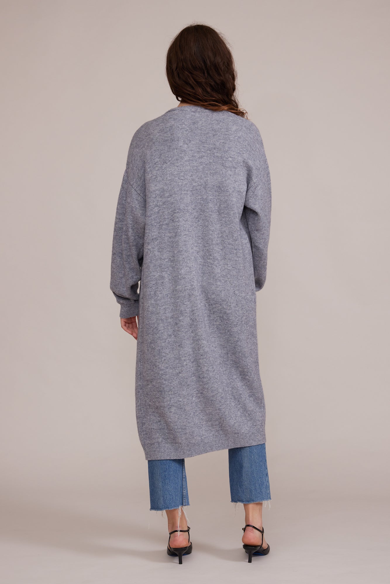 Back view Lucy Paris (SW3020) Women's Long Sleeve Open Front Long Line Knit Cardigan in Grey