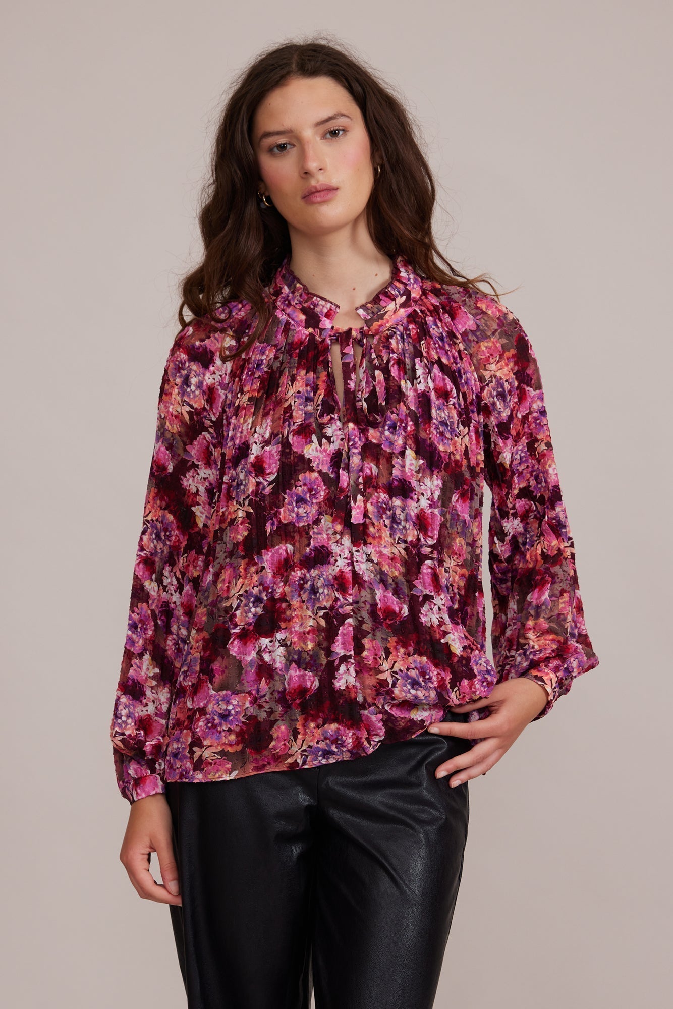 Lucy Paris (T2538-8) Women's Long Sleeve Pleated Chiffon Blouse with Split V-neck and Tie in Magenta Pink Floral Print