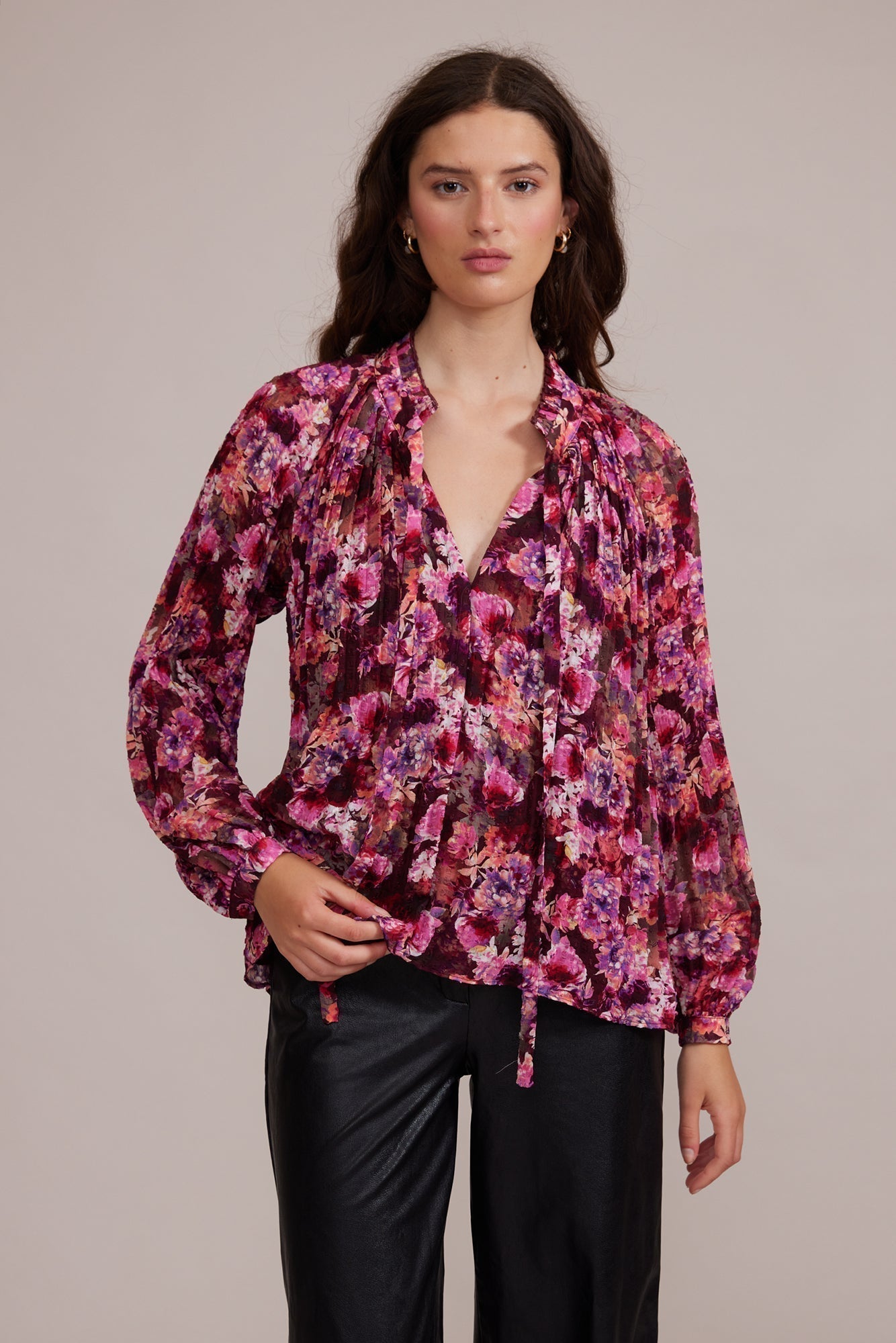 Lucy Paris (T2538-8) Women's Long Sleeve Pleated Chiffon Blouse with Split V-neck and Tie in Magenta Pink Floral Print