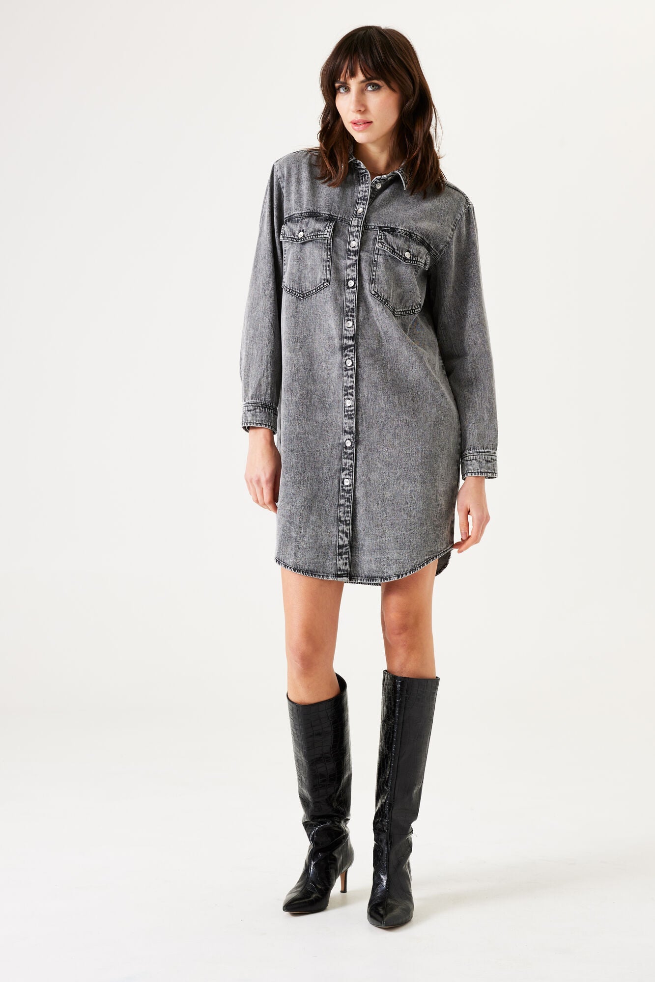 Garcia (T40285) Women’s Long Sleeve Denim Shirt Dress with Tie Belt