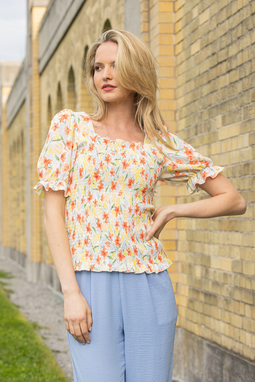 Pink Martini (TO-230504) Zinnia Top - Women's Short Puff Sleeve Top with Square Neck and Smocked Bodice in a yellow and orange floral print