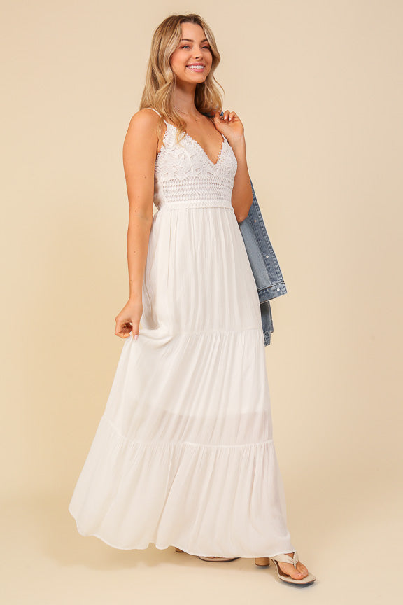Timing (WD8574) Women's Adjustable Spaghetti Strap Maxi Dress with Lace Bodice in White