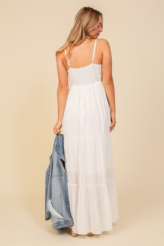 Back view of Timing (WD8574) Women's Adjustable Spaghetti Strap Maxi Dress with Lace Bodice in White