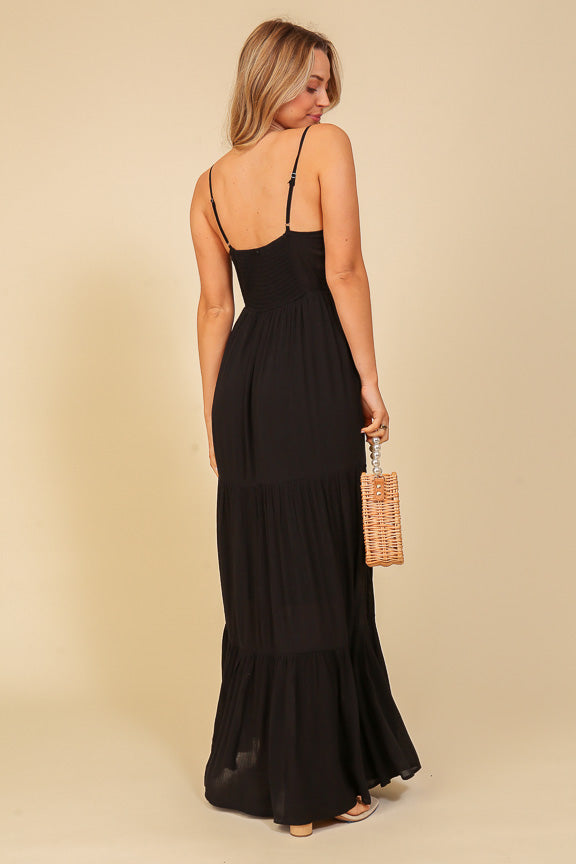 Back view of Timing (WD8574) Women's Adjustable Spaghetti Strap Maxi Dress with Lace Bodice in Black 