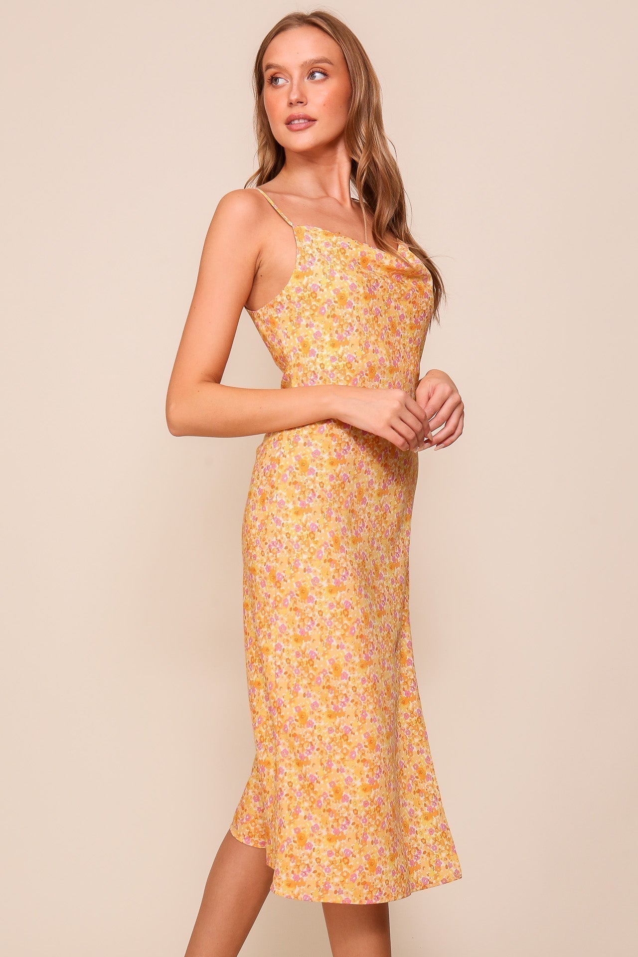 Side view of Timing (WD8575Z) Women's Adjustable Strap Cowl Neck Midi Slip Dress in Orange Ditsy Floral Print